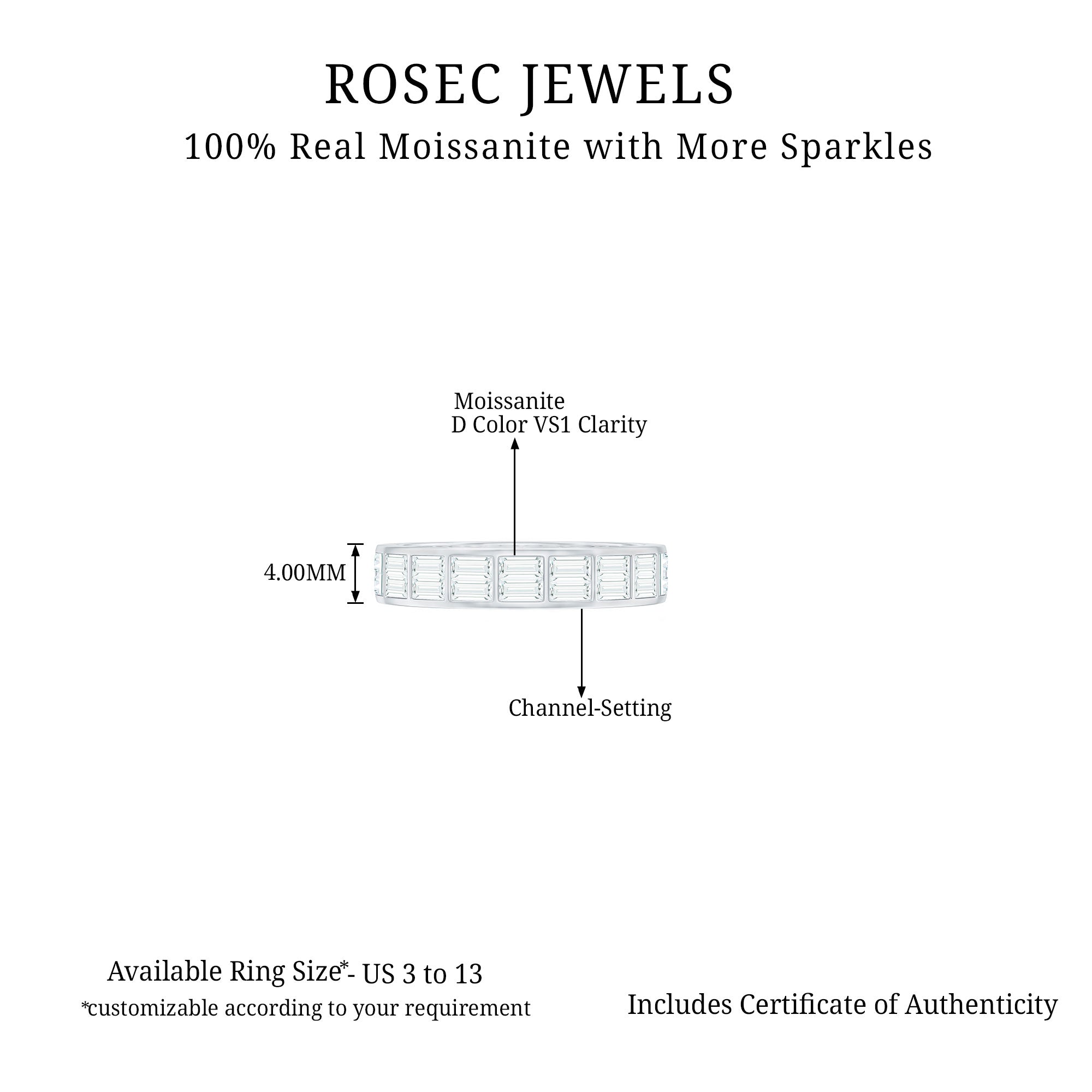 Baguette Cut Certified Moissanite Two Row Eternity Band Moissanite - ( D-VS1 ) - Color and Clarity - Rosec Jewels