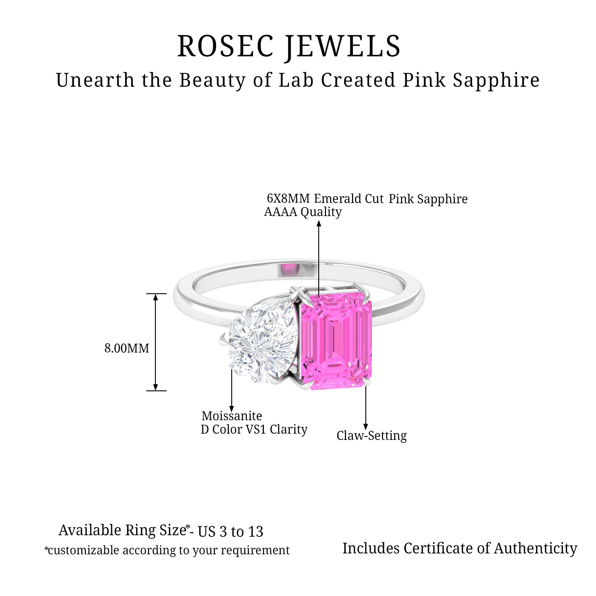 Toi Et Moi Ring with Created Pink Sapphire and Moissanite Lab Created Pink Sapphire - ( AAAA ) - Quality - Rosec Jewels