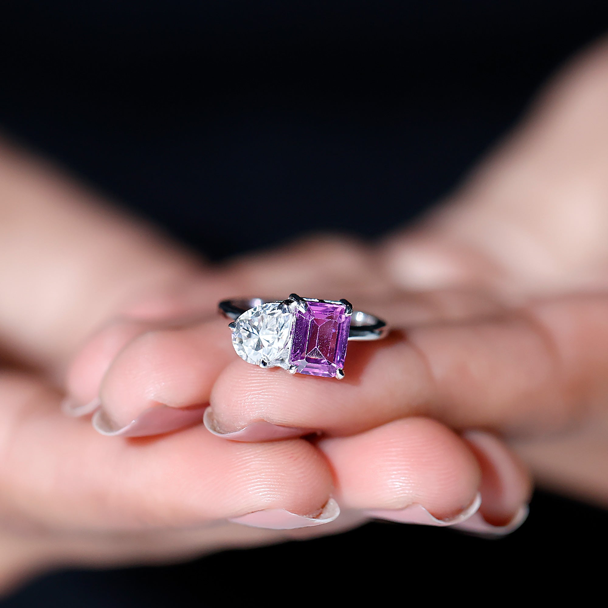 Toi Et Moi Ring with Created Pink Sapphire and Moissanite Lab Created Pink Sapphire - ( AAAA ) - Quality - Rosec Jewels