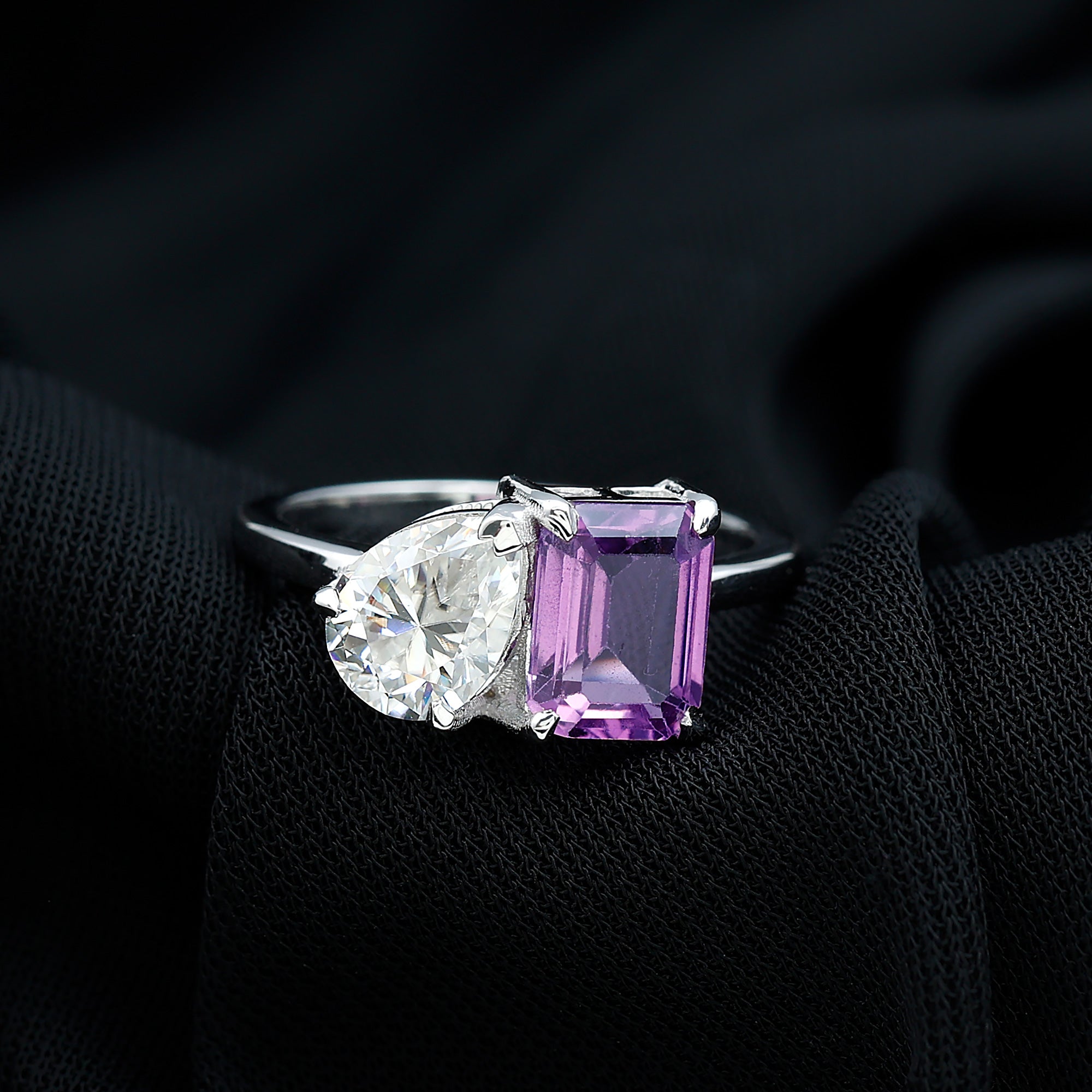 Toi Et Moi Ring with Created Pink Sapphire and Moissanite Lab Created Pink Sapphire - ( AAAA ) - Quality - Rosec Jewels