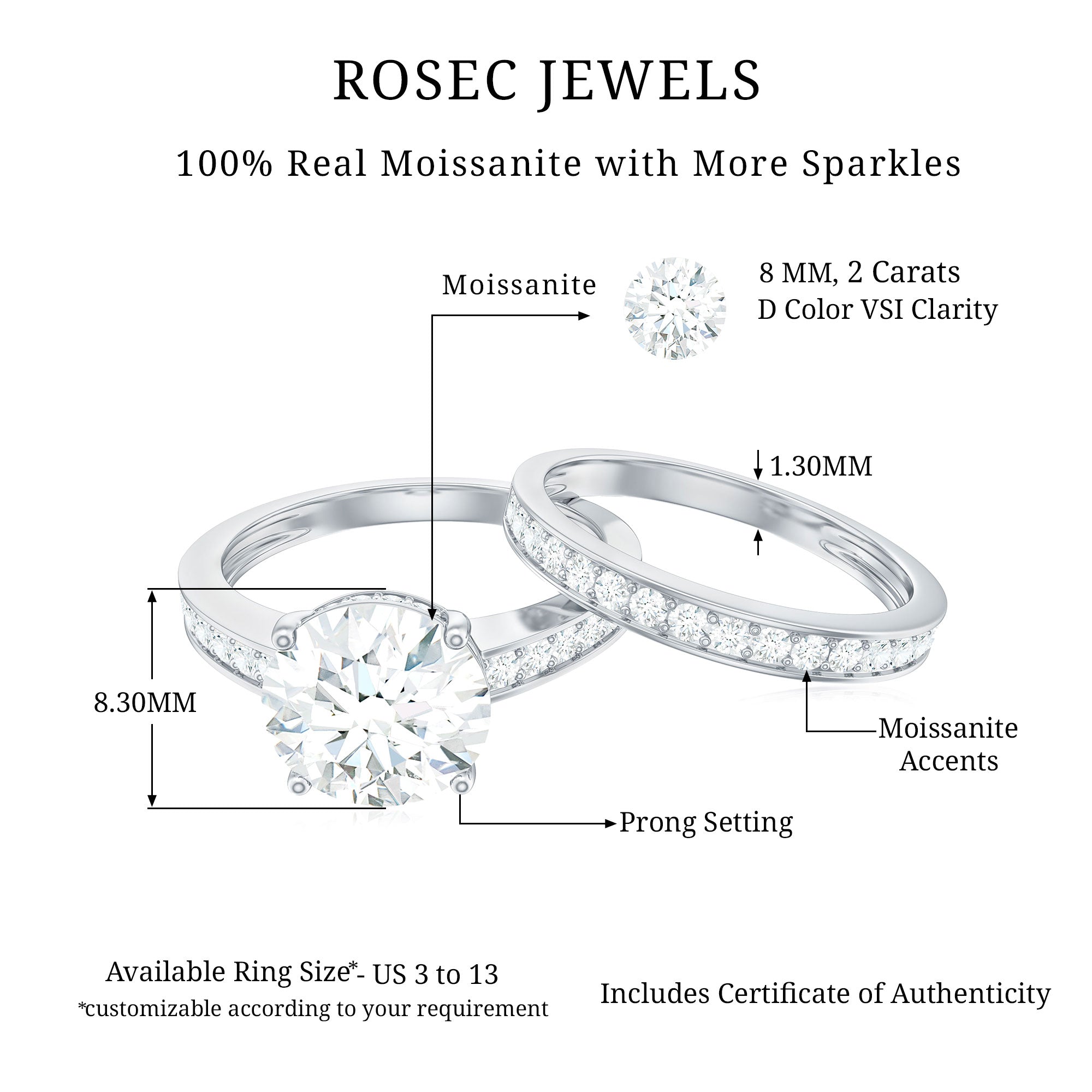 3 CT Solitaire Moissanite Wedding Ring Set Moissanite - ( D-VS1 ) - Color and Clarity - Rosec Jewels