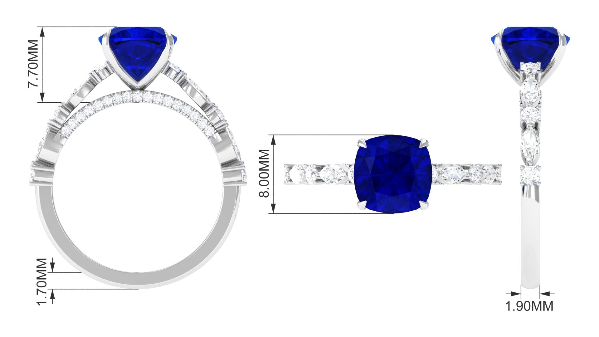 Cushion Cut Created Blue Sapphire Solitaire Engagement Ring with Diamond Lab Created Blue Sapphire - ( AAAA ) - Quality - Rosec Jewels