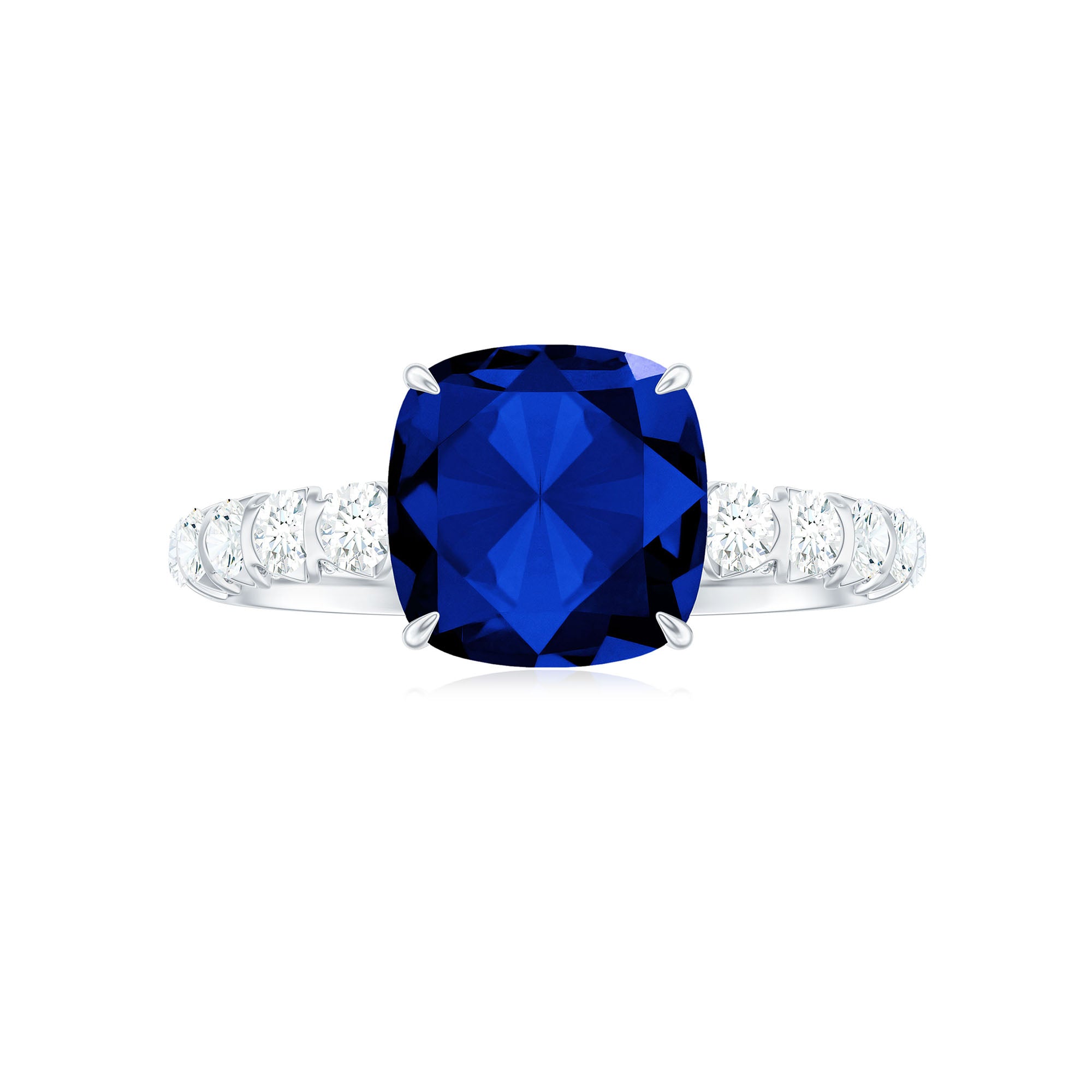 Cushion Cut Created Blue Sapphire Solitaire Ring with Diamond Side Stone Lab Created Blue Sapphire - ( AAAA ) - Quality - Rosec Jewels