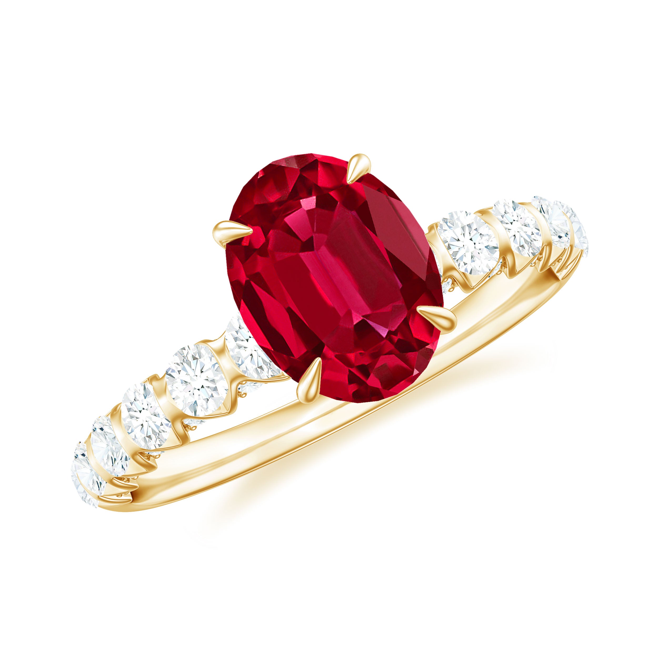 2.25 CT Oval Cut Created Ruby Solitaire Engagement Ring with Diamond Side Stones Lab Created Ruby - ( AAAA ) - Quality - Rosec Jewels