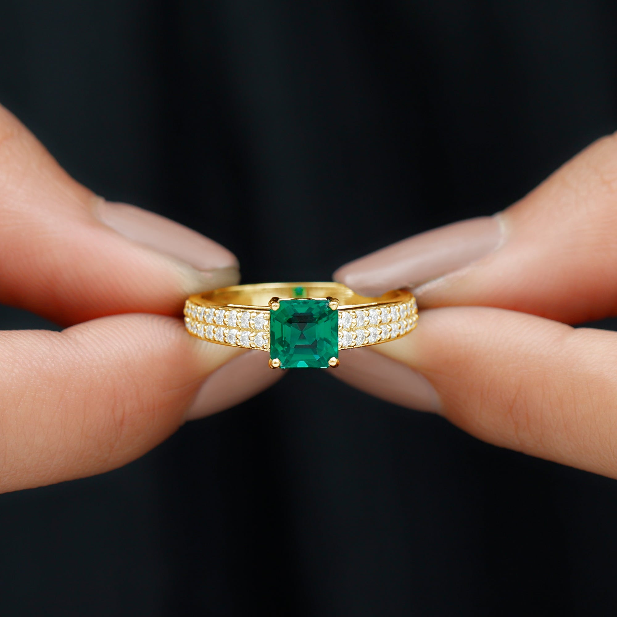 Asscher Cut Lab Grown Emerald Engagement Ring with Diamond Side Stones Lab Created Emerald - ( AAAA ) - Quality - Rosec Jewels