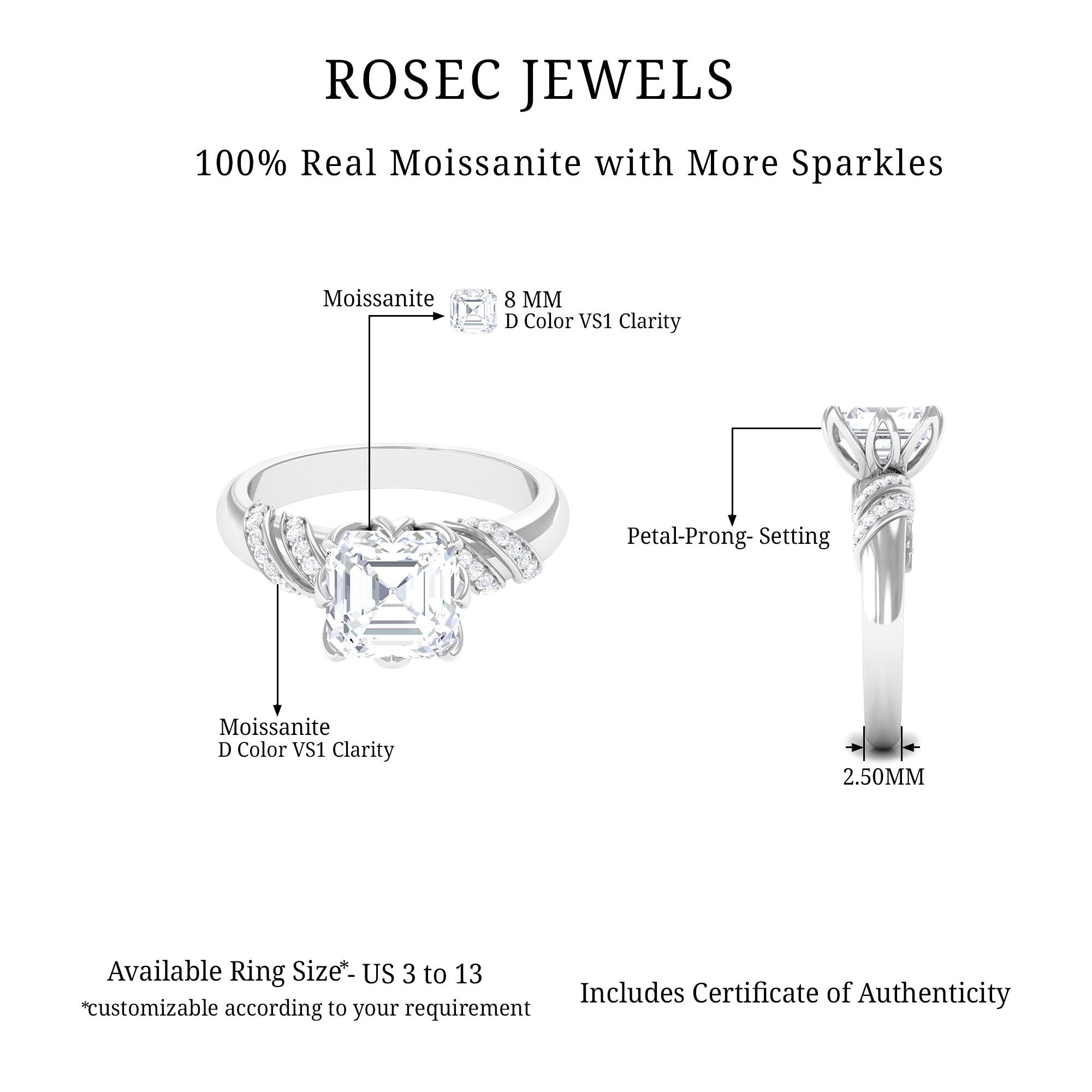 8 MM Asscher Cut Moissanite Solitaire Engagement Ring in Petal Prong Setting Moissanite - ( D-VS1 ) - Color and Clarity - Rosec Jewels