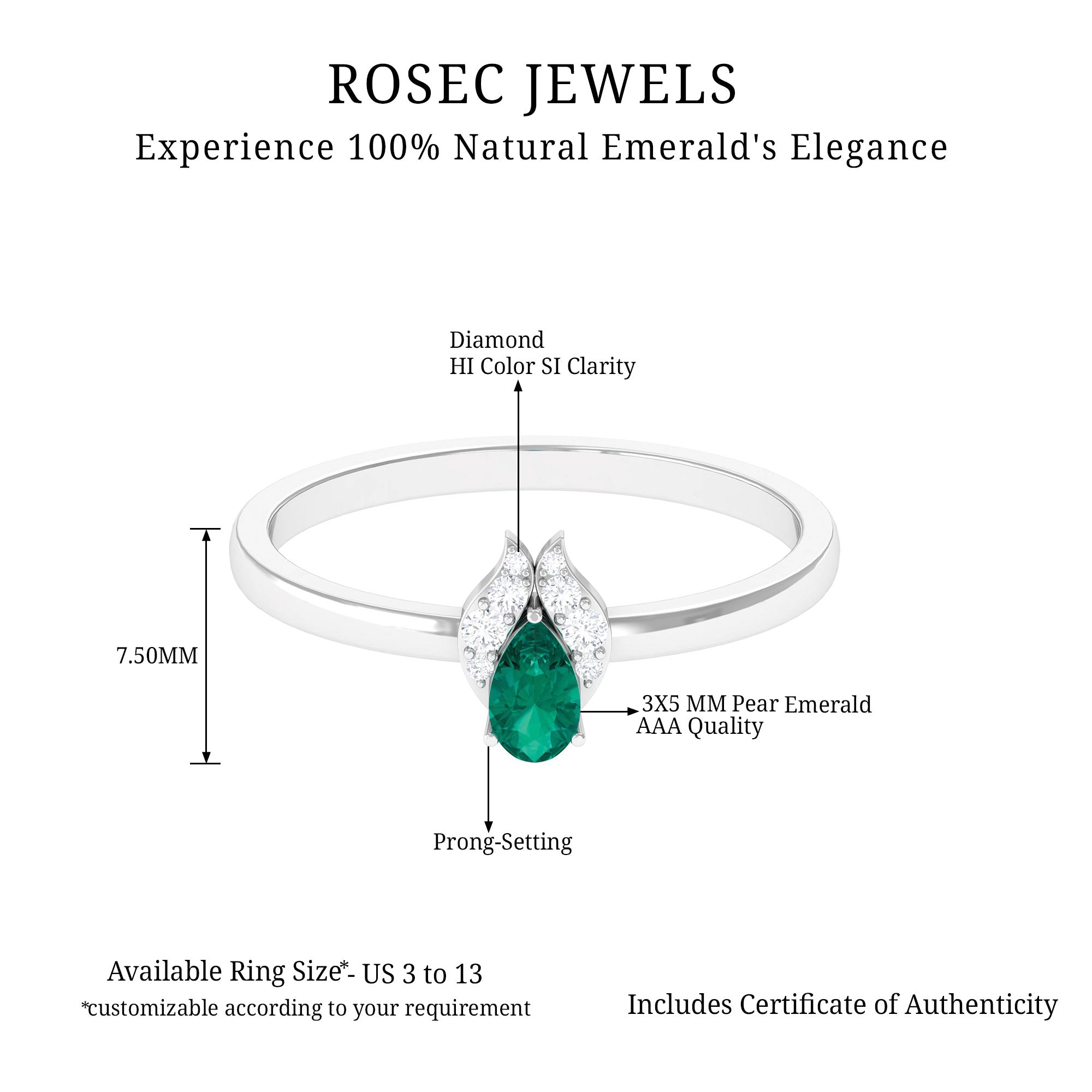 0.25 CT Pear Shape Emerald Promise Ring with Diamond Emerald - ( AAA ) - Quality - Rosec Jewels