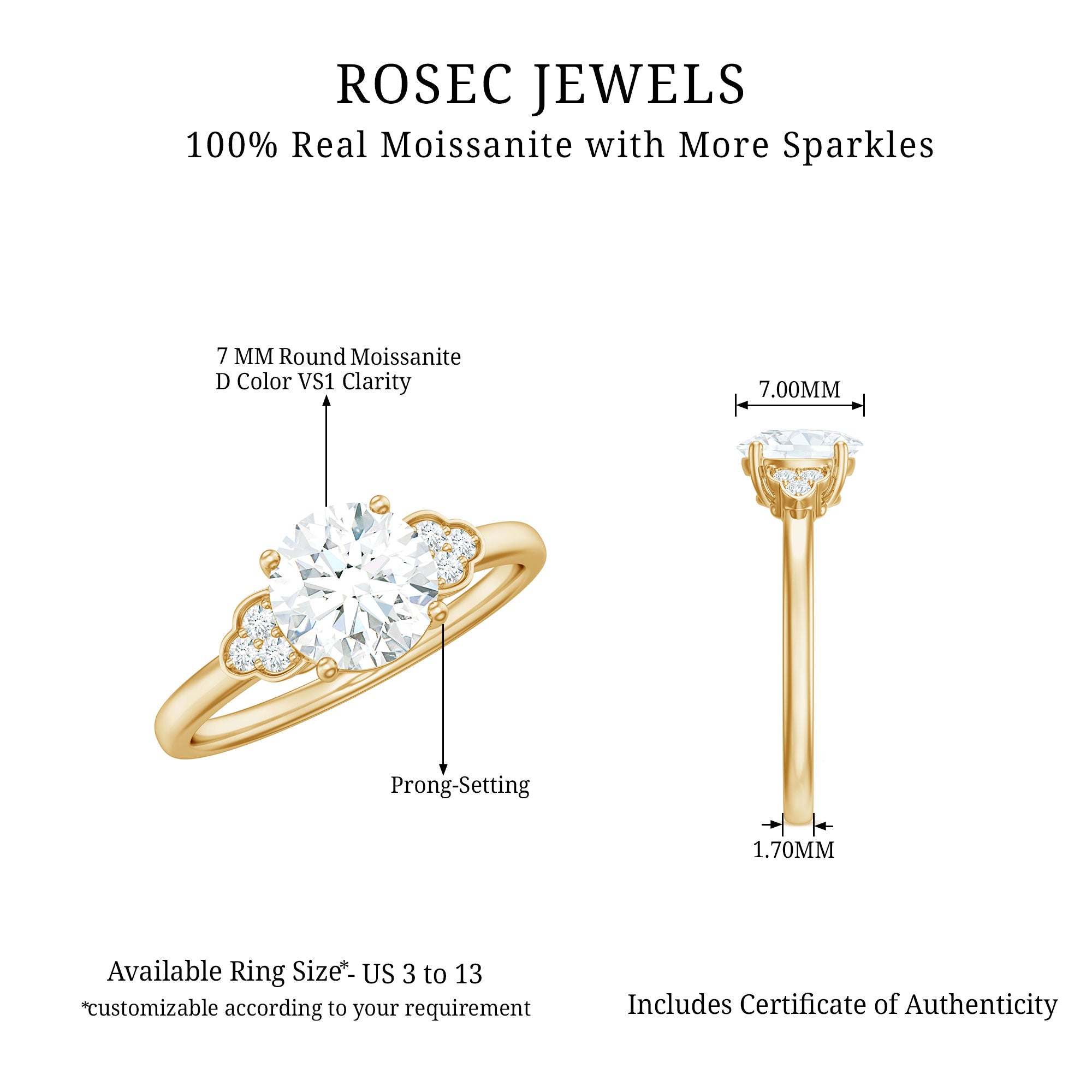 6.50 MM Prong Set Trio Solitaire Moissanite Engagement Ring Moissanite - ( D-VS1 ) - Color and Clarity - Rosec Jewels