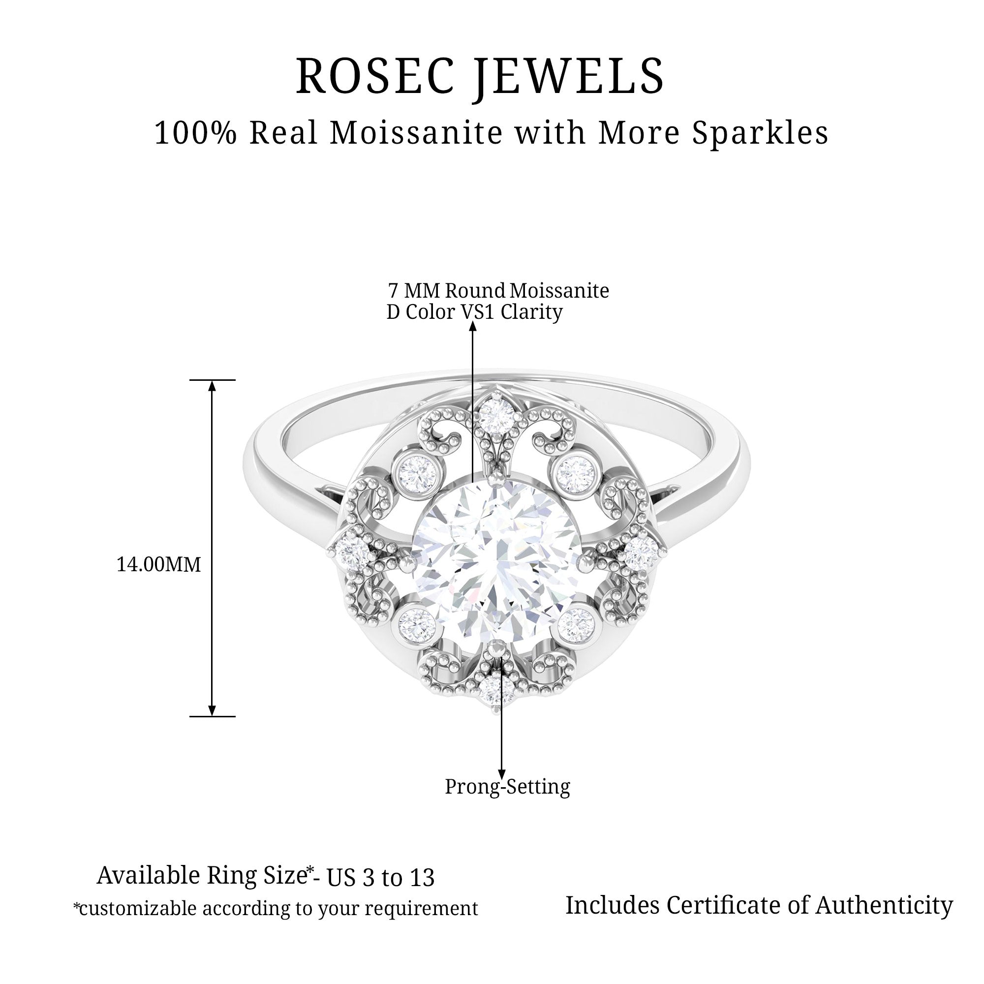 Antique Style Moissanite Gold Beaded Engagement Ring Moissanite - ( D-VS1 ) - Color and Clarity - Rosec Jewels