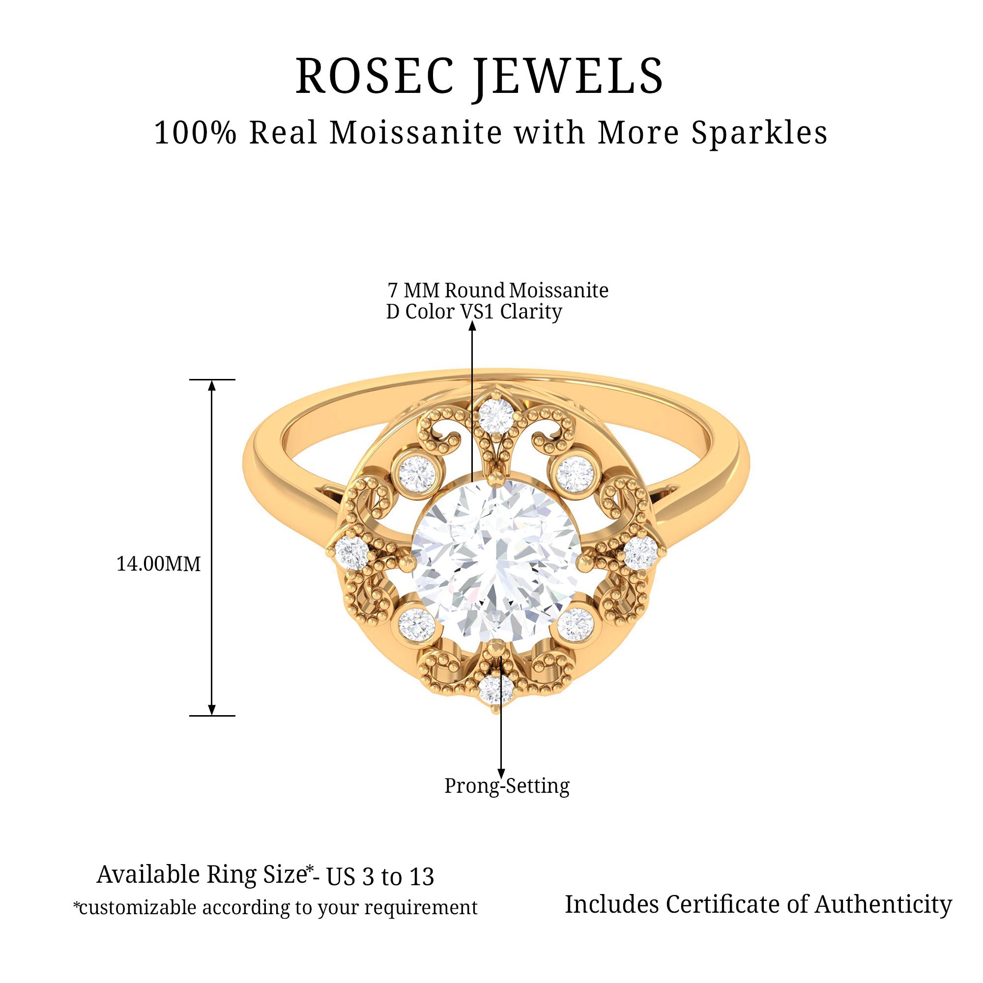 Antique Style Moissanite Gold Beaded Engagement Ring Moissanite - ( D-VS1 ) - Color and Clarity - Rosec Jewels