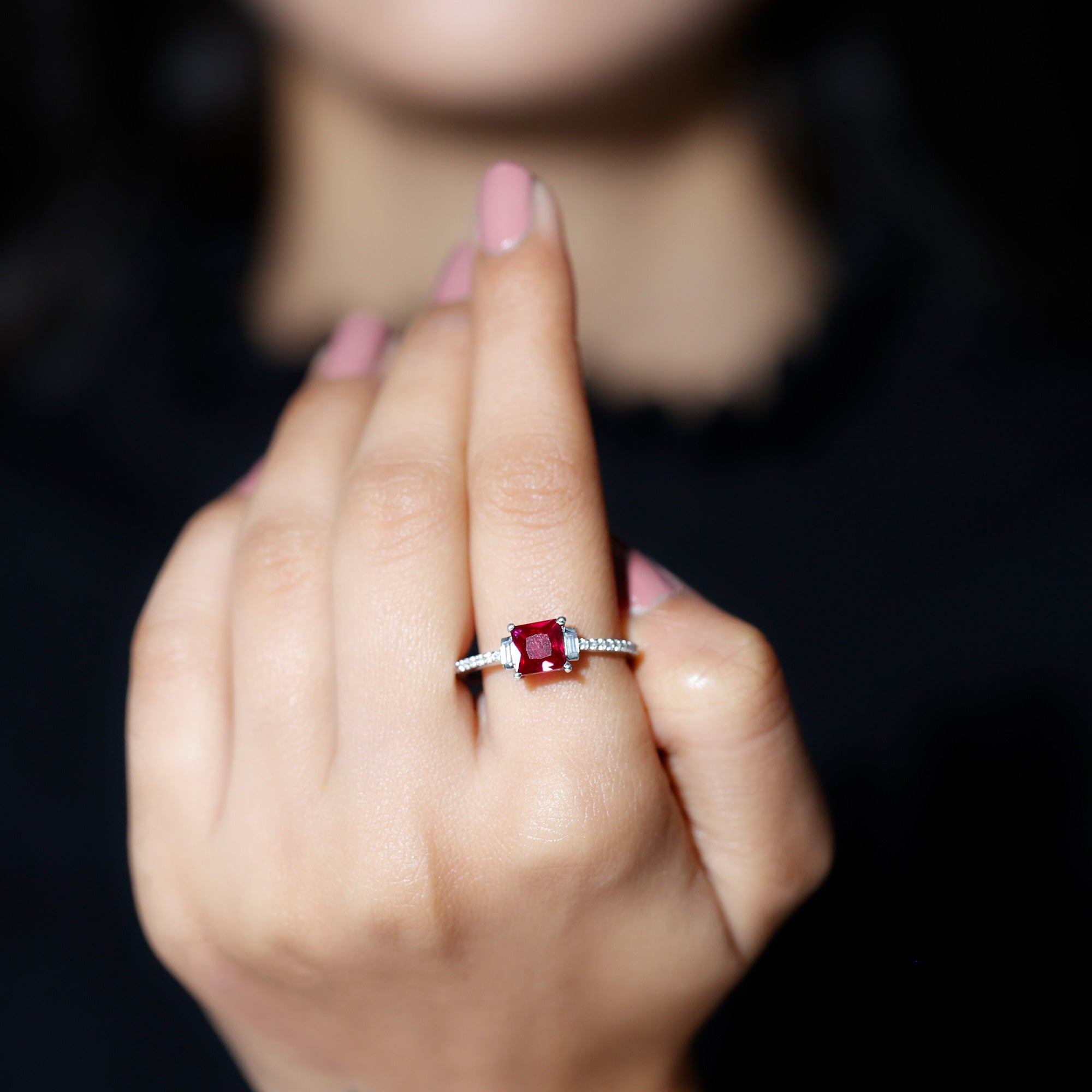 Claw Set Created Ruby Engagement Ring With Diamond Lab Created Ruby - ( AAAA ) - Quality - Rosec Jewels