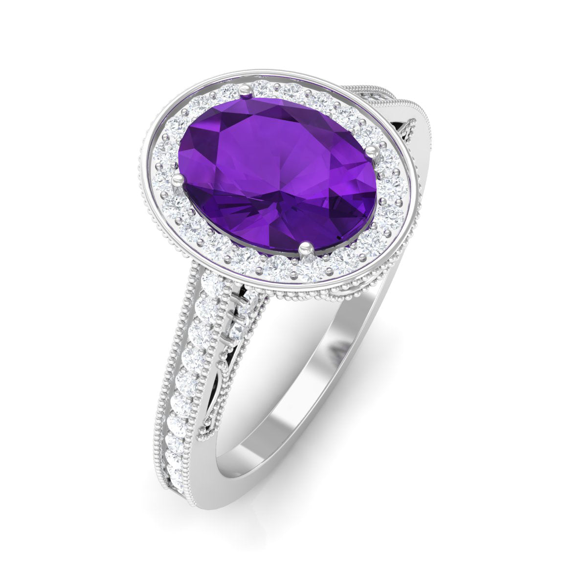 Vintage Inspired Oval Amethyst Engagement Ring with Diamond Amethyst - ( AAA ) - Quality - Rosec Jewels