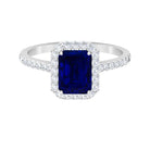 Emerald Cut Created Blue Sapphire Halo Engagement Ring with Diamond Lab Created Blue Sapphire - ( AAAA ) - Quality - Rosec Jewels