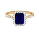 Emerald Cut Created Blue Sapphire Halo Engagement Ring with Diamond Lab Created Blue Sapphire - ( AAAA ) - Quality - Rosec Jewels