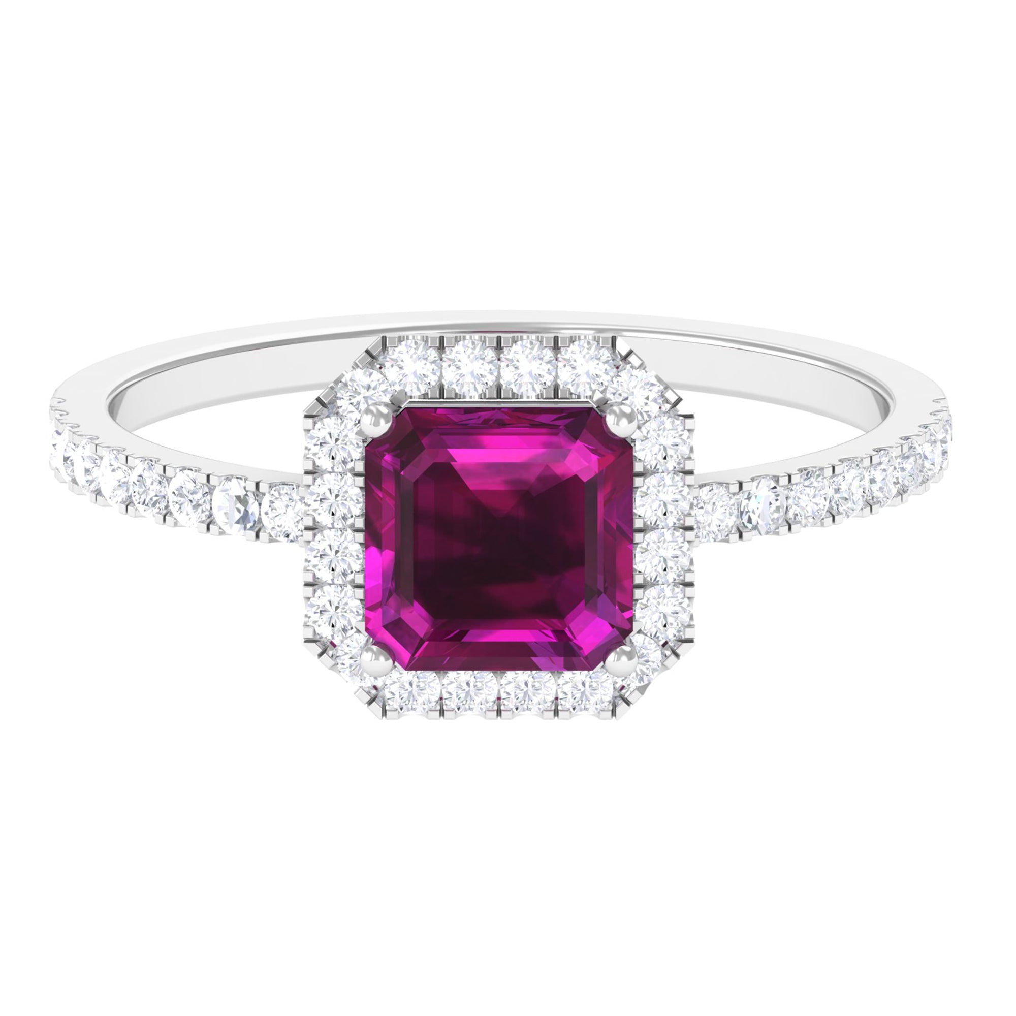 Natural Rhodolite Classic Engagement Ring With Diamond Halo Rhodolite - ( AAA ) - Quality - Rosec Jewels