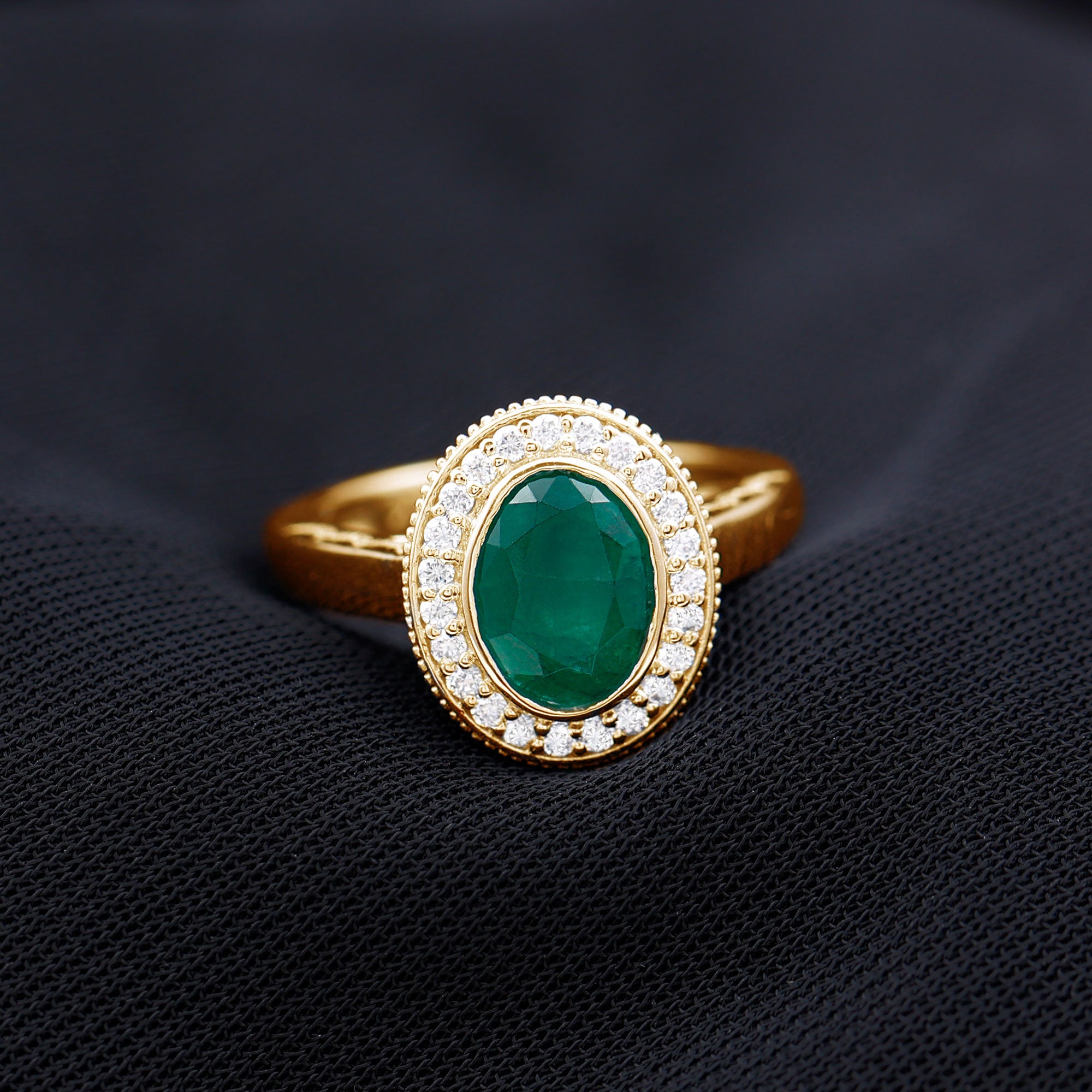 Oval Lab Grown Emerald and Diamond Halo Engagement Ring Lab Created Emerald - ( AAAA ) - Quality - Rosec Jewels