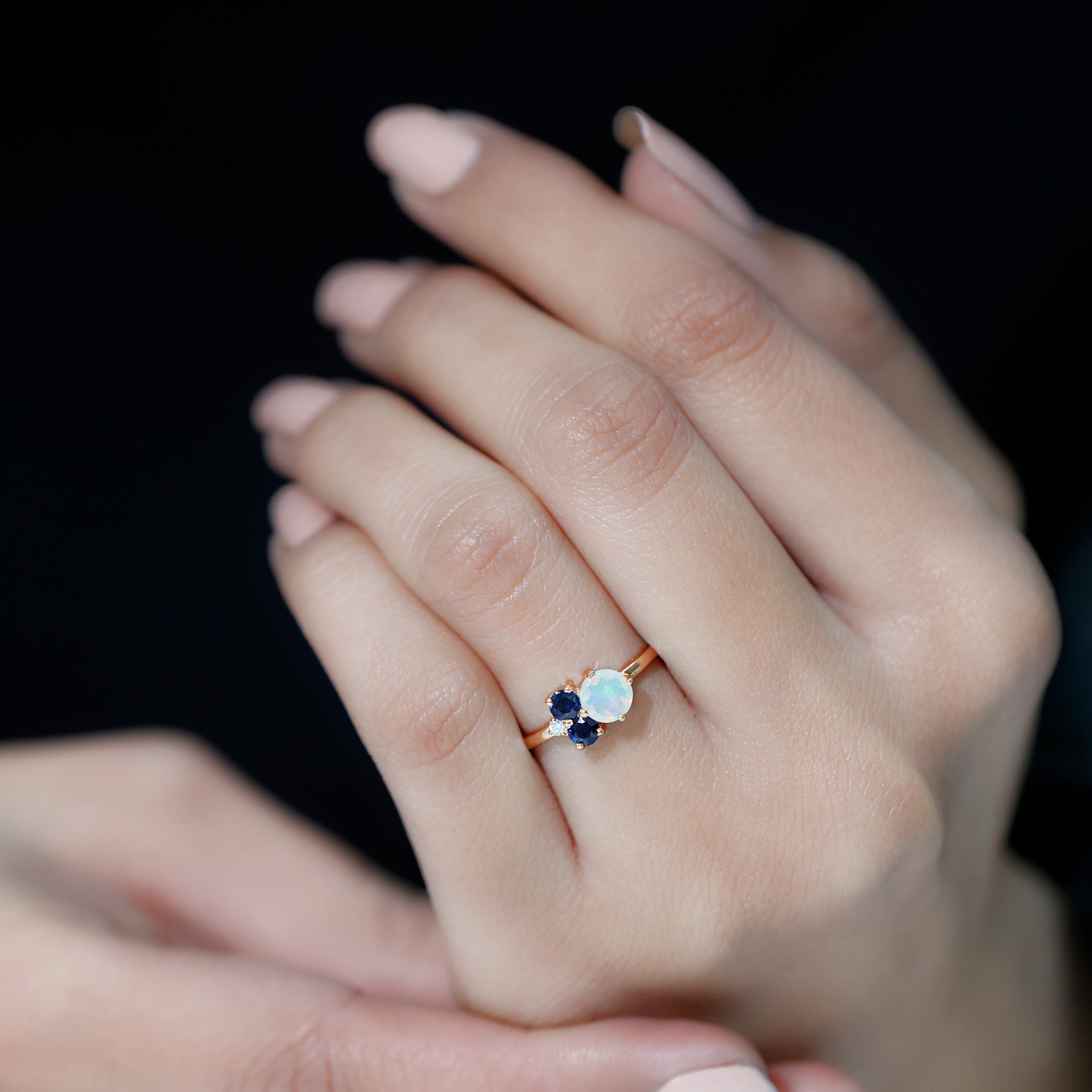 Natural Ethiopian Opal and Blue Sapphire Cluster Promise Ring with Moissanite Ethiopian Opal - ( AAA ) - Quality - Rosec Jewels