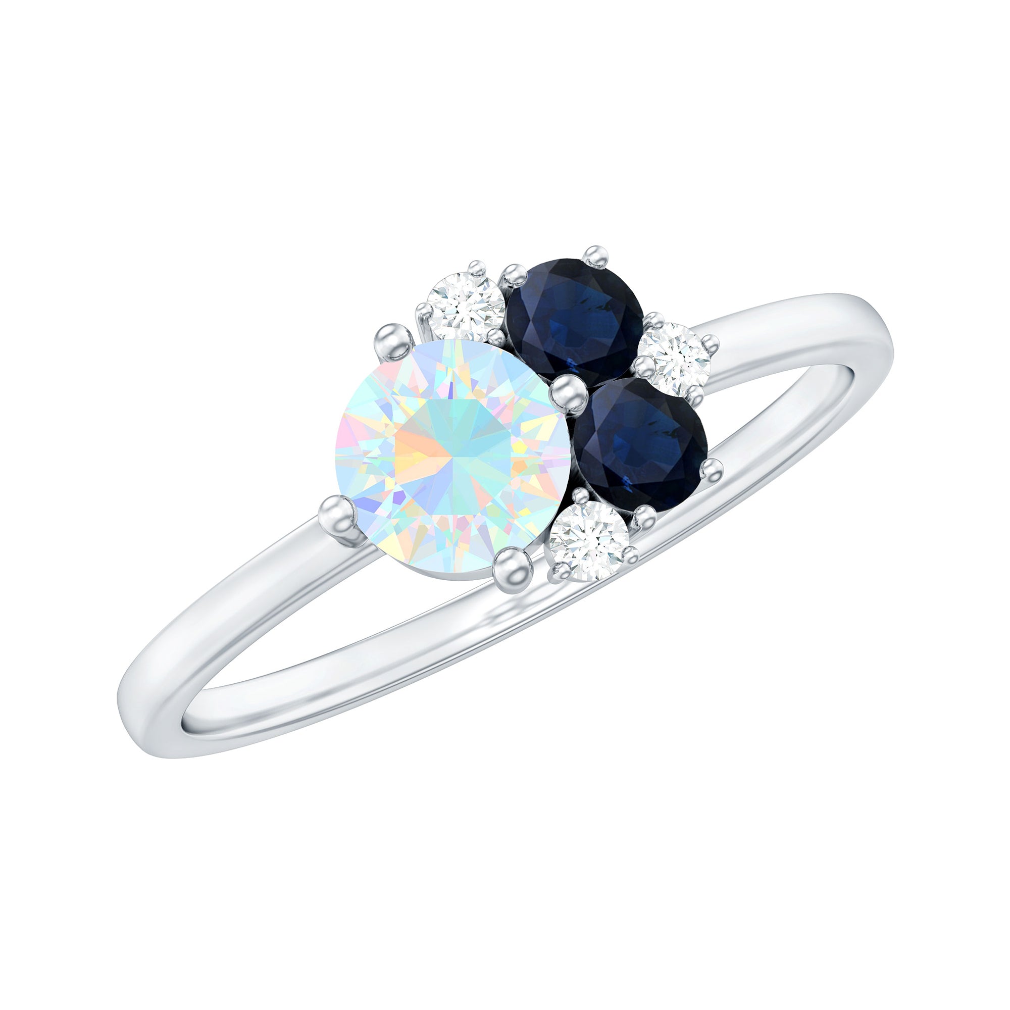 Natural Ethiopian Opal and Blue Sapphire Cluster Promise Ring with Moissanite Ethiopian Opal - ( AAA ) - Quality - Rosec Jewels