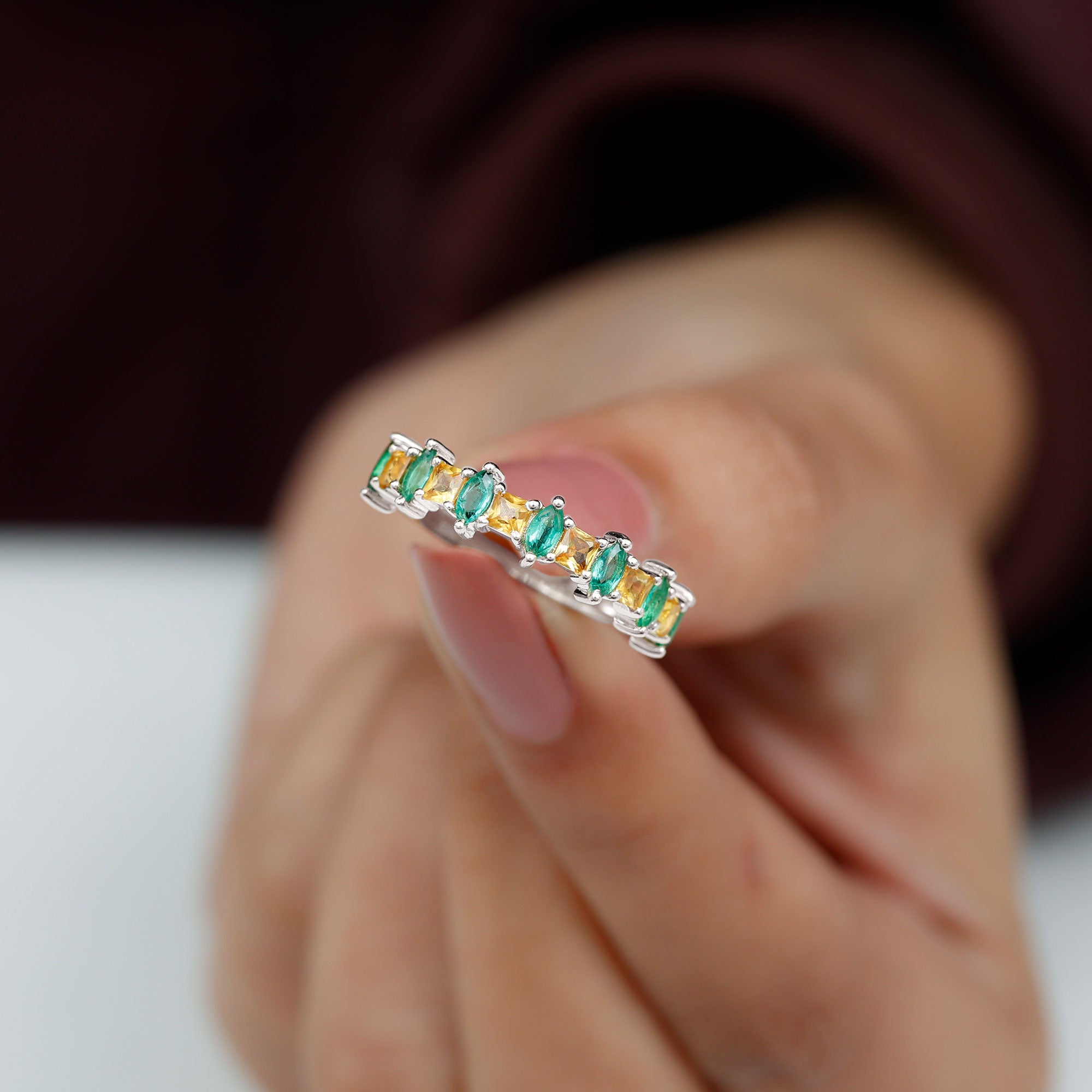 Lab-Created Emerald and Yellow Sapphire Half Eternity Ring Lab Created Yellow Sapphire - ( AAAA ) - Quality - Rosec Jewels