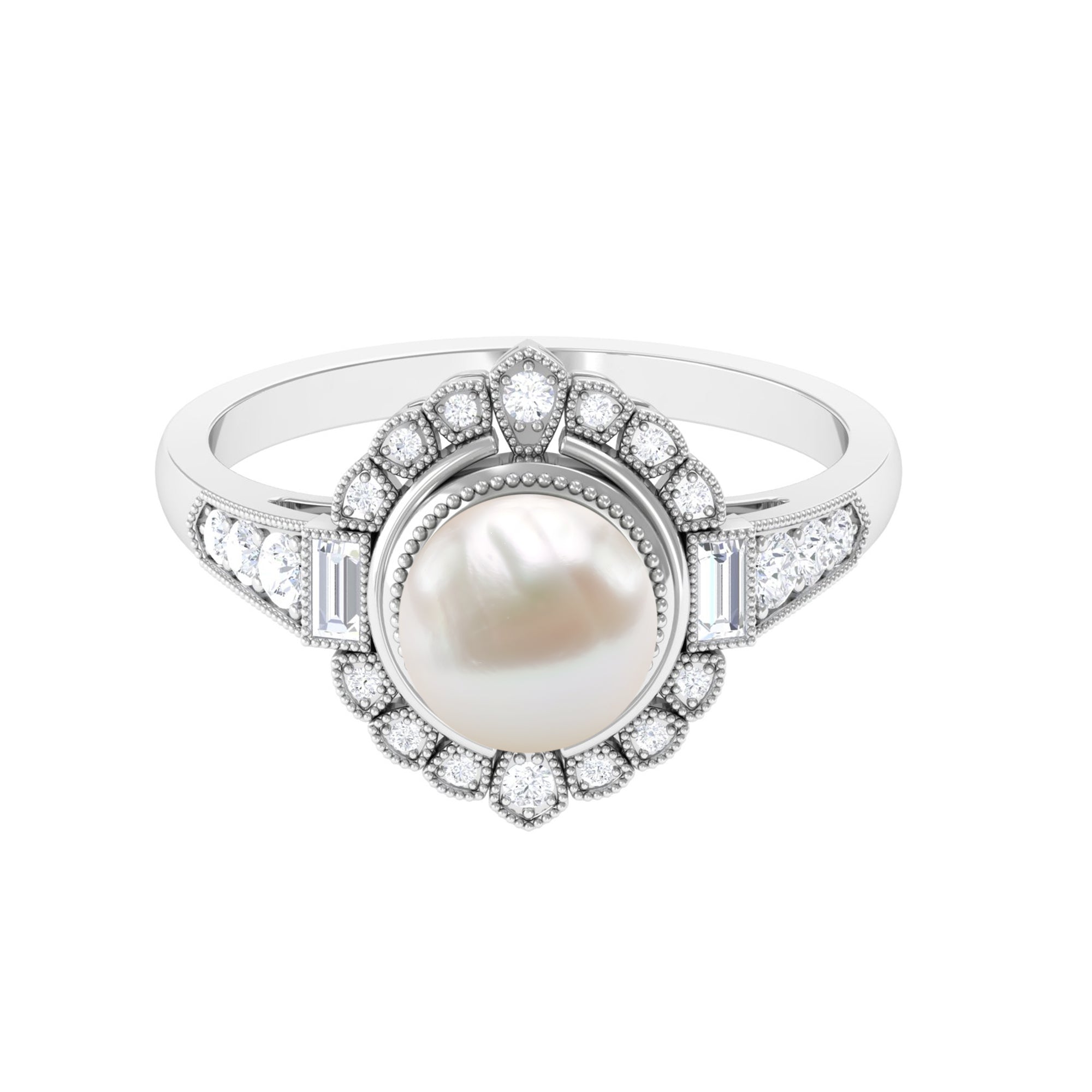 Freshwater Pearl and Diamond Cocktail Halo Ring Freshwater Pearl - ( AAA ) - Quality - Rosec Jewels