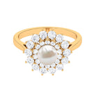 Round Freshwater Pearl Engagement Ring with Moissanite Double Halo Freshwater Pearl - ( AAA ) - Quality - Rosec Jewels