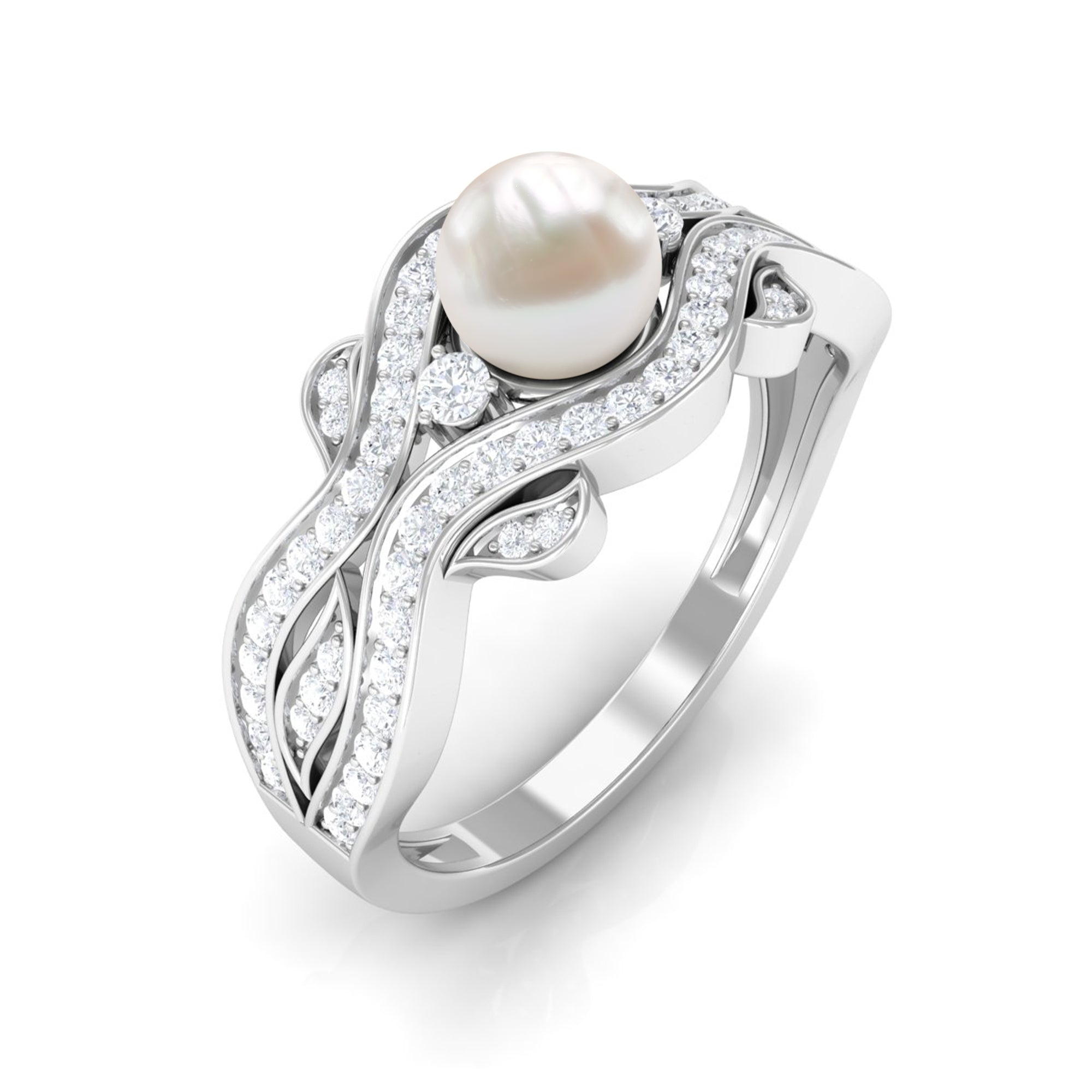 Designer Freshwater Pearl and Diamond Anniversary Band Ring Freshwater Pearl - ( AAA ) - Quality - Rosec Jewels