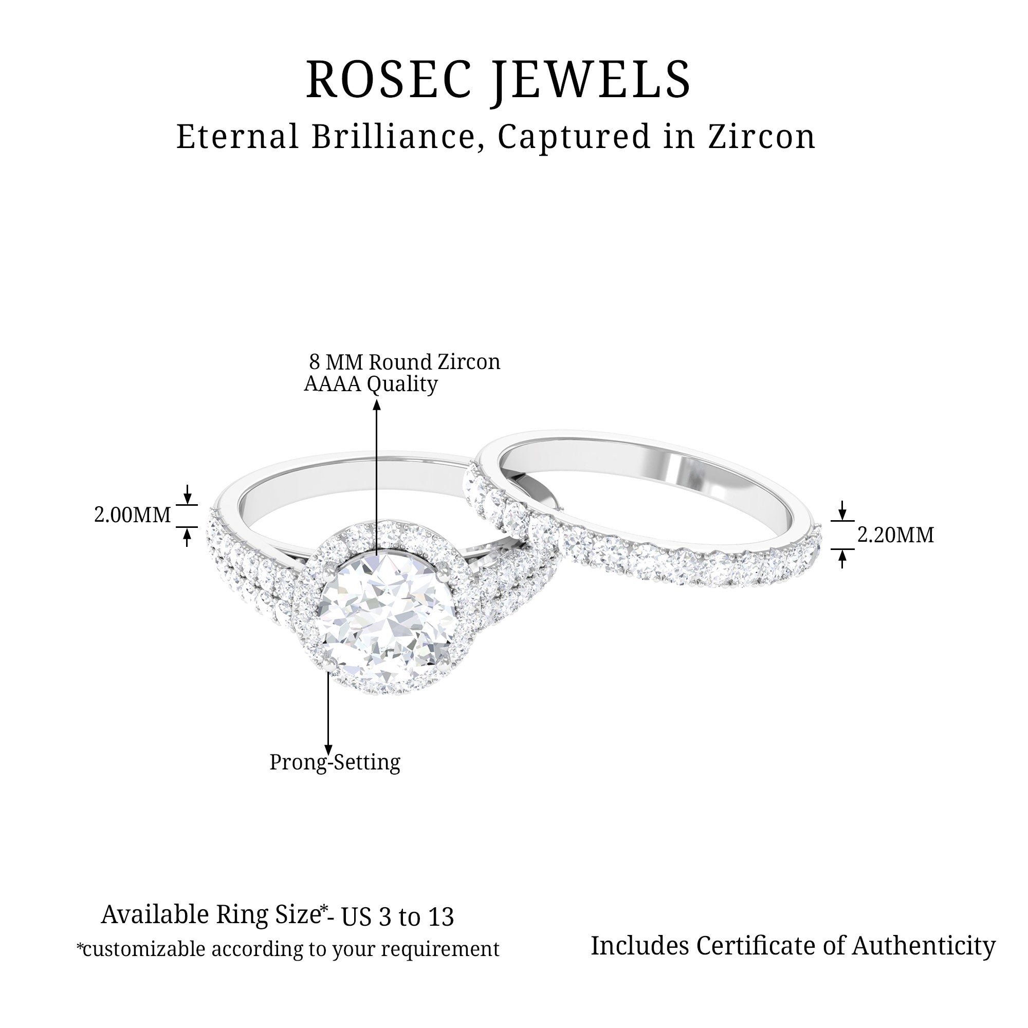 Cubic Zirconia Bridal Ring Set with Stackable Band Zircon - ( AAAA ) - Quality - Rosec Jewels