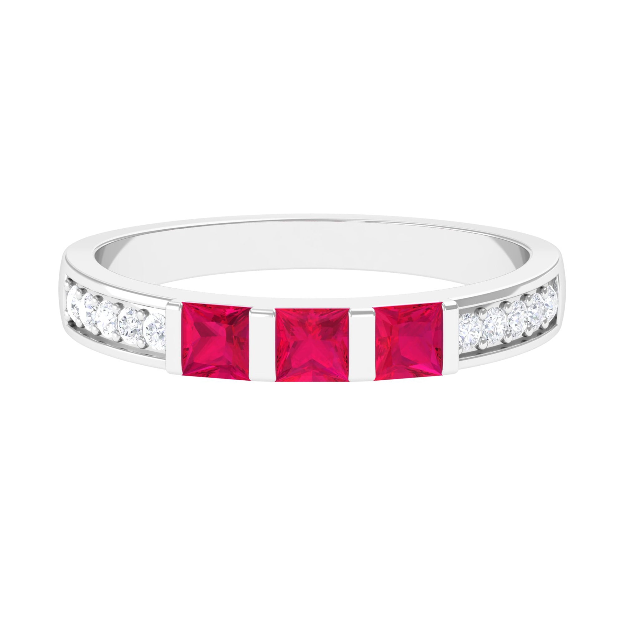 July Birthstone 3/4 CT Princess Cut Ruby Three Stone Anniversary Ring with Diamond Accent Ruby - ( AAA ) - Quality - Rosec Jewels