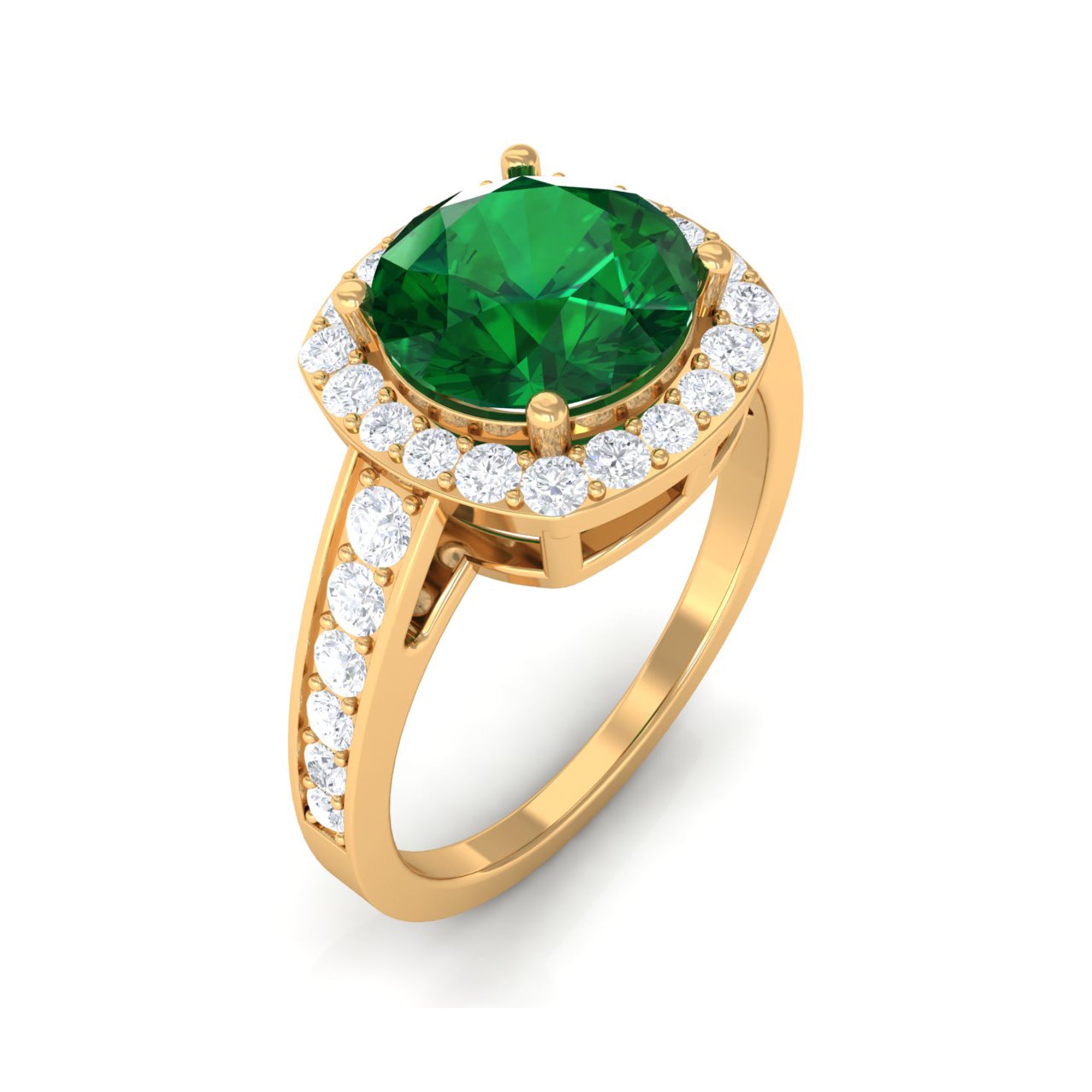 Round Shape Created Emerald Classic Halo Engagement Ring with Diamond Lab Created Emerald - ( AAAA ) - Quality - Rosec Jewels