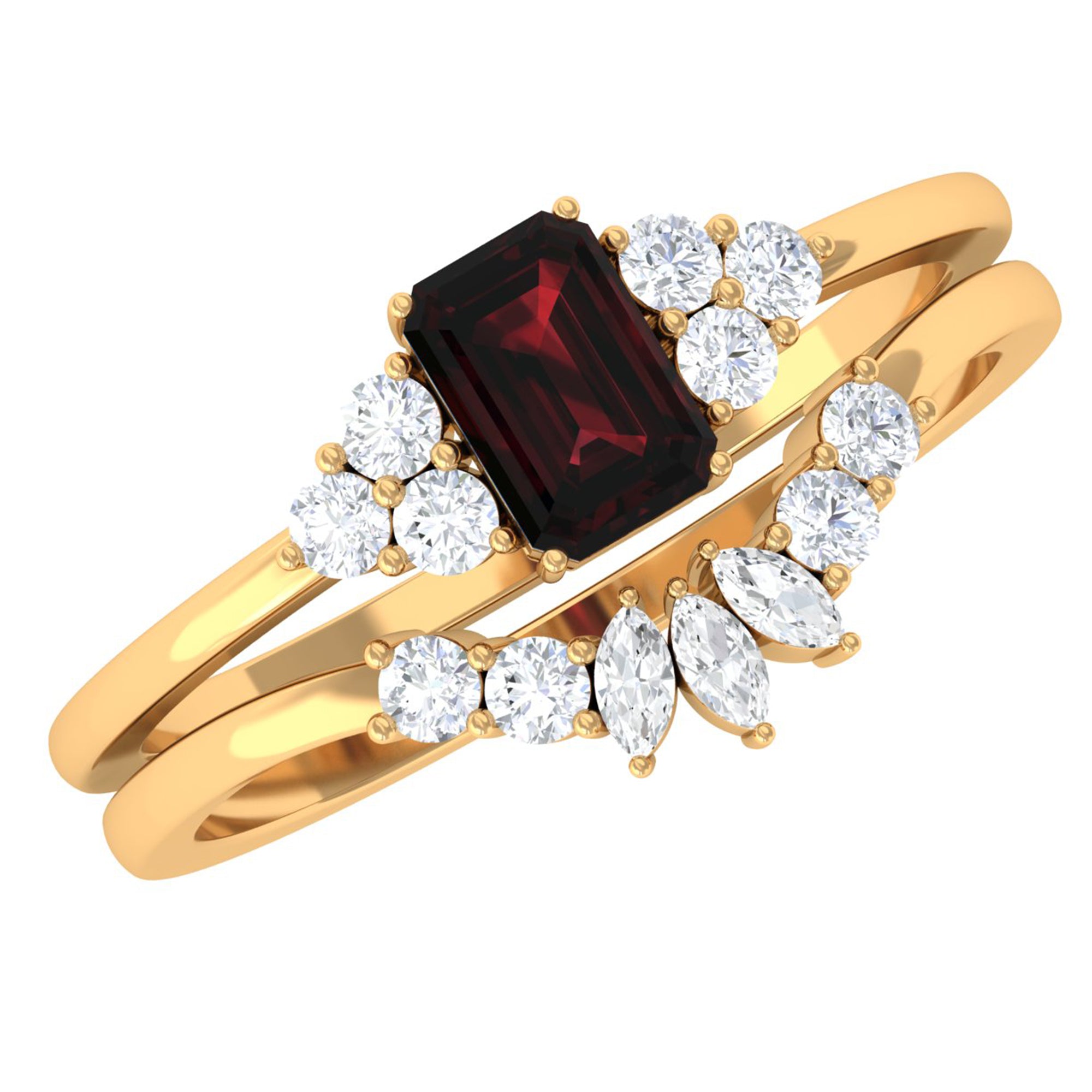 Octagon Cut Garnet Solitaire Ring Set with Diamond Garnet - ( AAA ) - Quality - Rosec Jewels