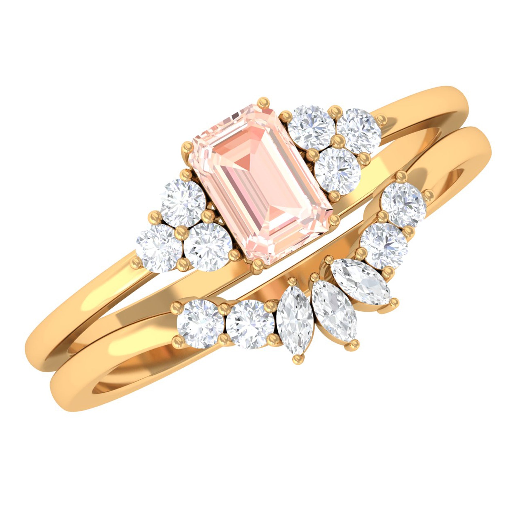 Emerald Cut Morganite Solitaire Stackable Ring Set with Diamond Morganite - ( AAA ) - Quality - Rosec Jewels