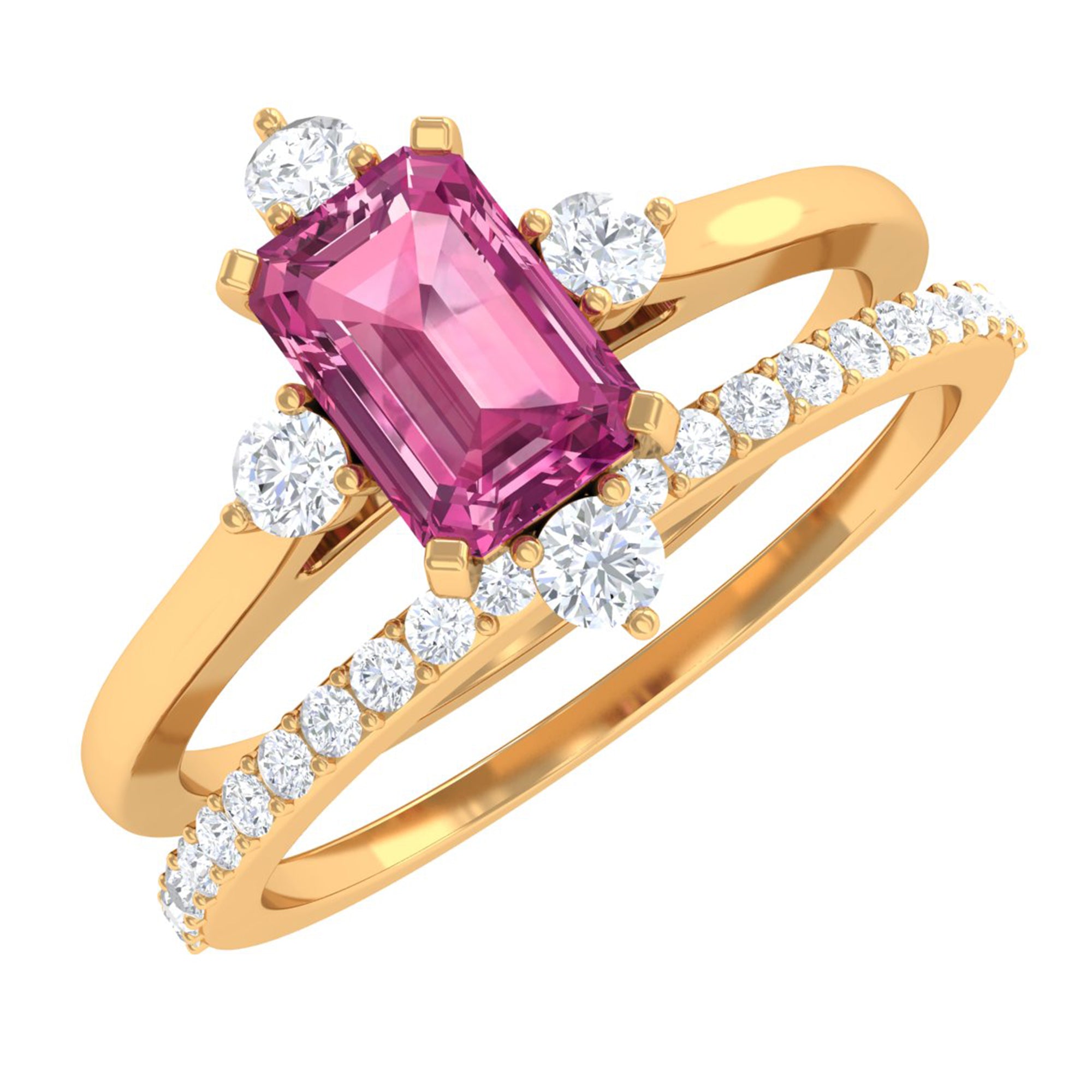 1.25 CT Real Pink Tourmaline Solitaire Ring Set with Diamond Pink Tourmaline - ( AAA ) - Quality - Rosec Jewels