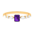 Octagon Amethyst Solitaire Ring with Diamond Side Stones Amethyst - ( AAA ) - Quality - Rosec Jewels