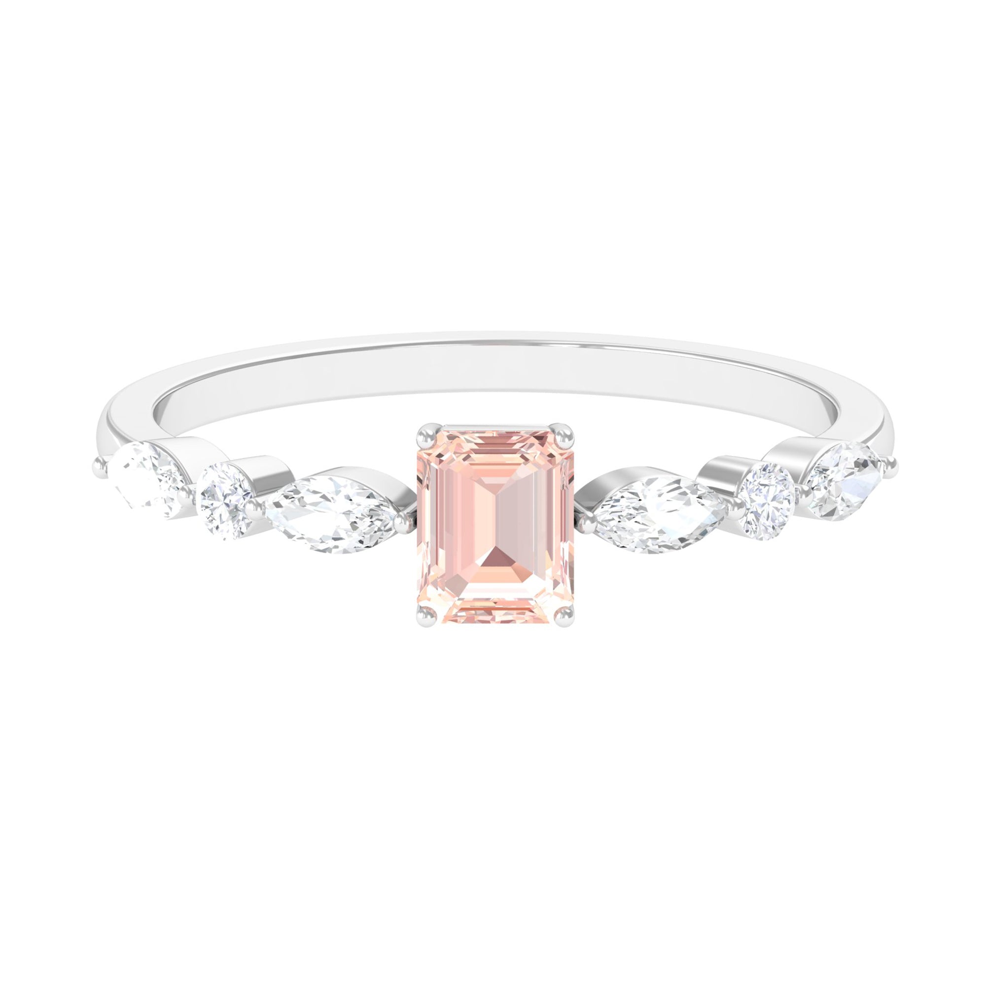 Emerald Cut Morganite Solitaire Ring with Diamond Side Stones Morganite - ( AAA ) - Quality - Rosec Jewels