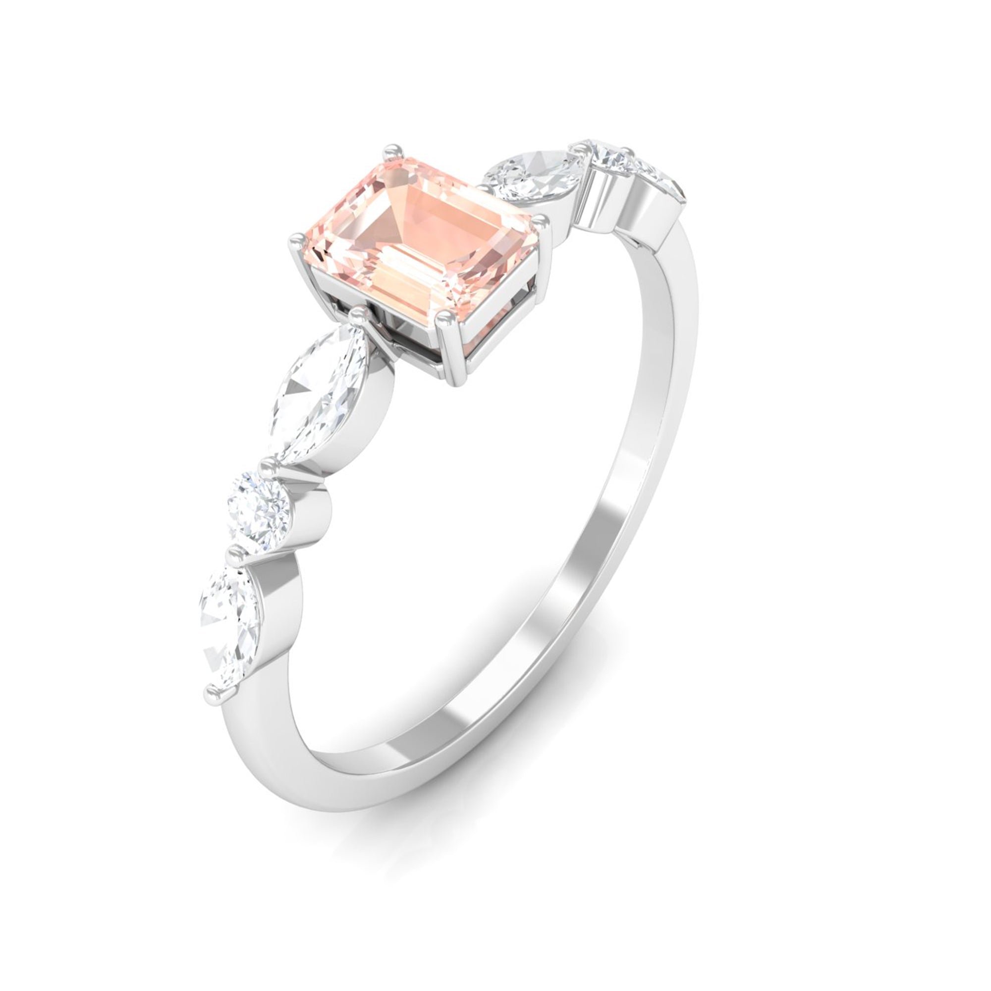 Emerald Cut Morganite Solitaire Ring with Diamond Side Stones Morganite - ( AAA ) - Quality - Rosec Jewels