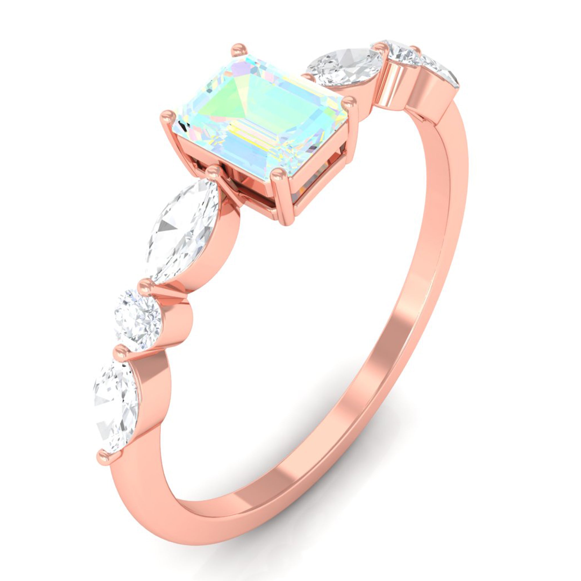 3/4 CT Octagon Ethiopian Opal Solitaire Ring with Diamond Side Stones Ethiopian Opal - ( AAA ) - Quality - Rosec Jewels