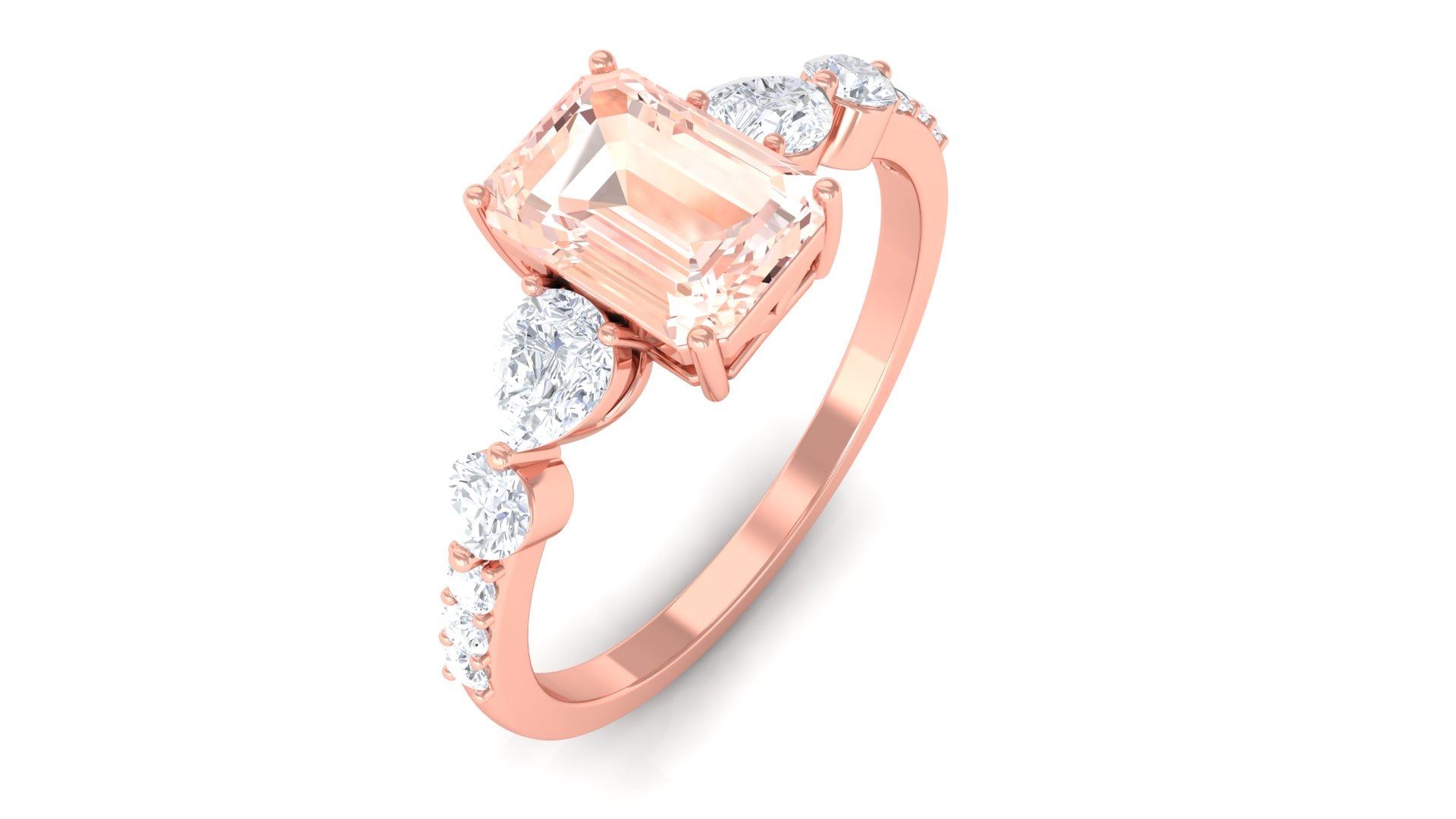 Solitaire Morganite Engagement Ring with Diamond Side Stones Morganite - ( AAA ) - Quality - Rosec Jewels