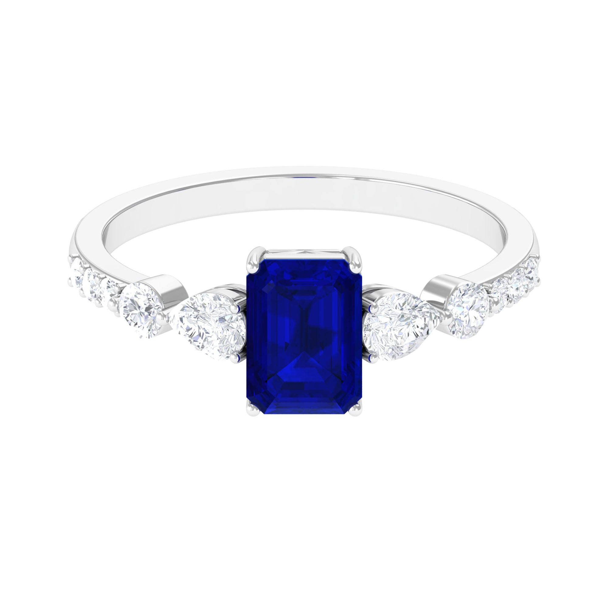 Created Blue Sapphire Classic Solitaire Engagement Ring with Diamond Lab Created Blue Sapphire - ( AAAA ) - Quality - Rosec Jewels