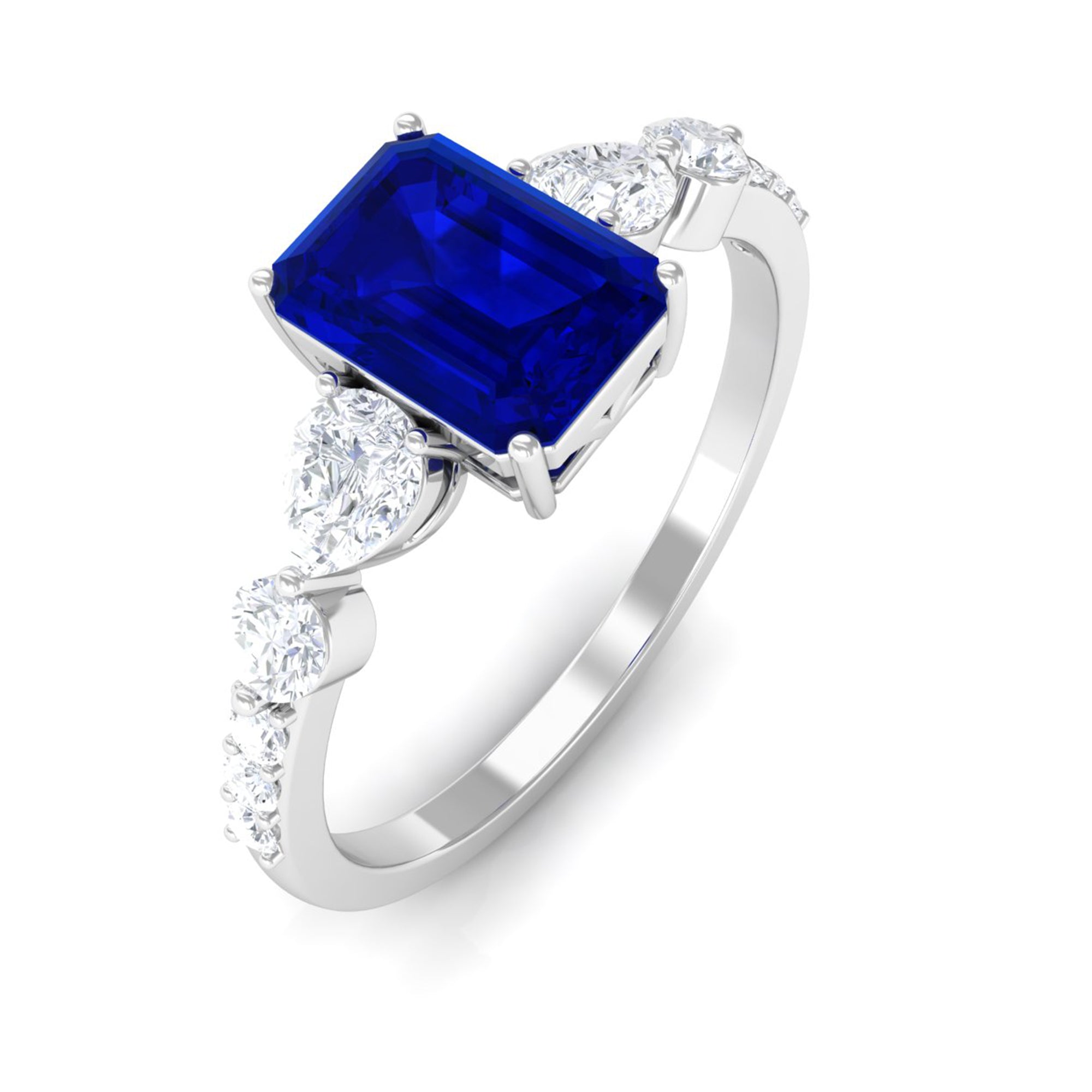 Created Blue Sapphire Classic Solitaire Engagement Ring with Diamond Lab Created Blue Sapphire - ( AAAA ) - Quality - Rosec Jewels