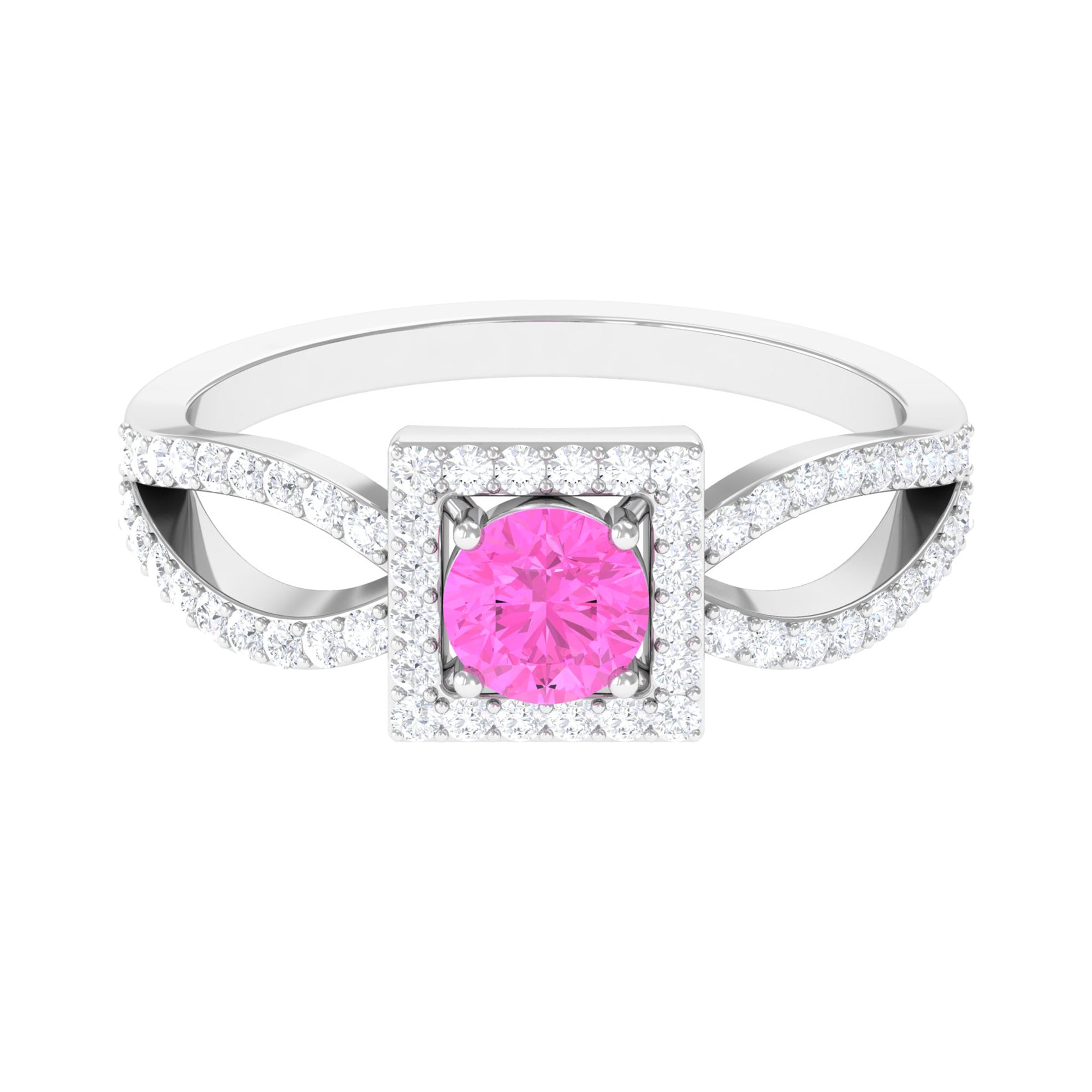 Round Pink Sapphire and Diamond Halo Ring in Split Shank Pink Sapphire - ( AAA ) - Quality - Rosec Jewels