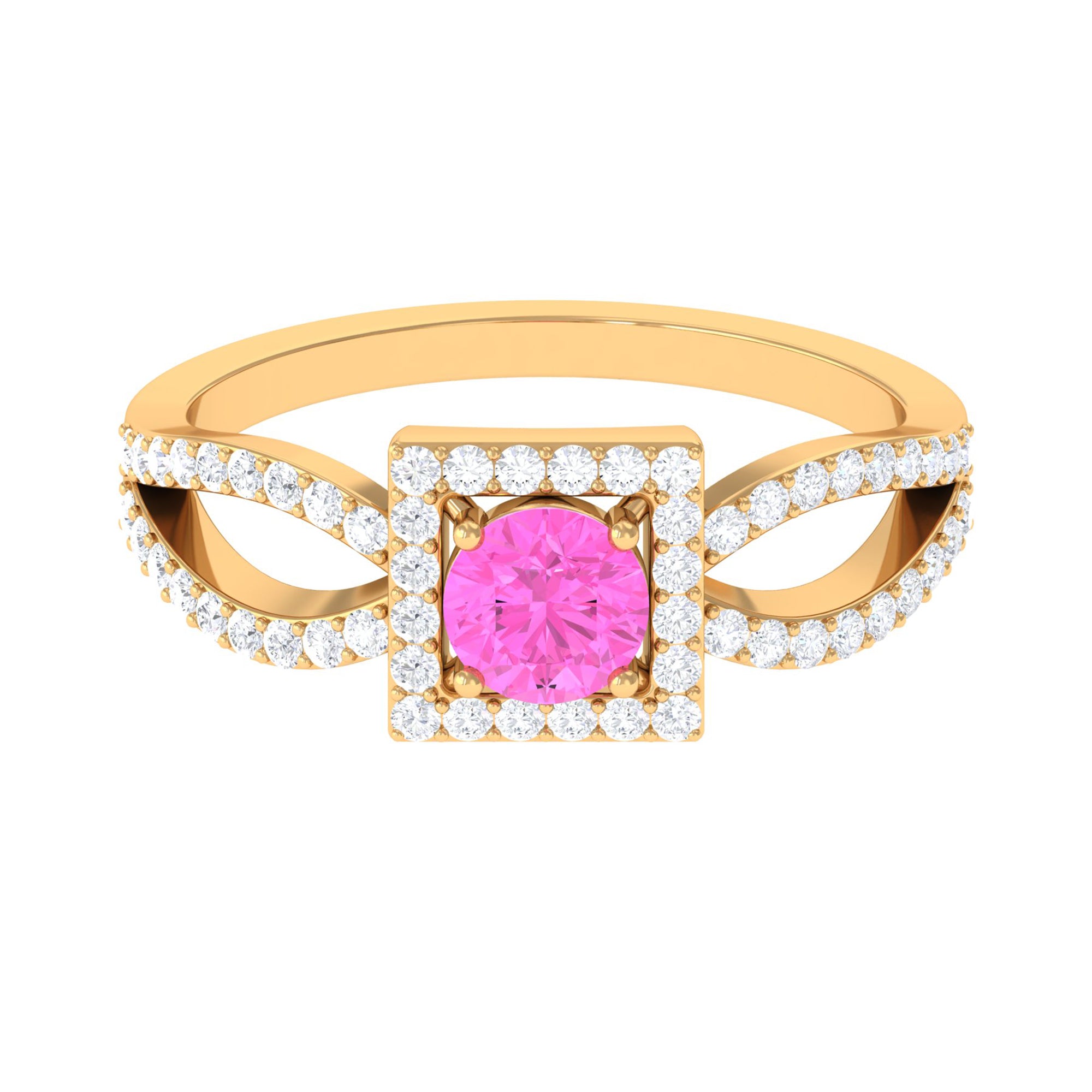 Round Pink Sapphire and Diamond Halo Ring in Split Shank Pink Sapphire - ( AAA ) - Quality - Rosec Jewels