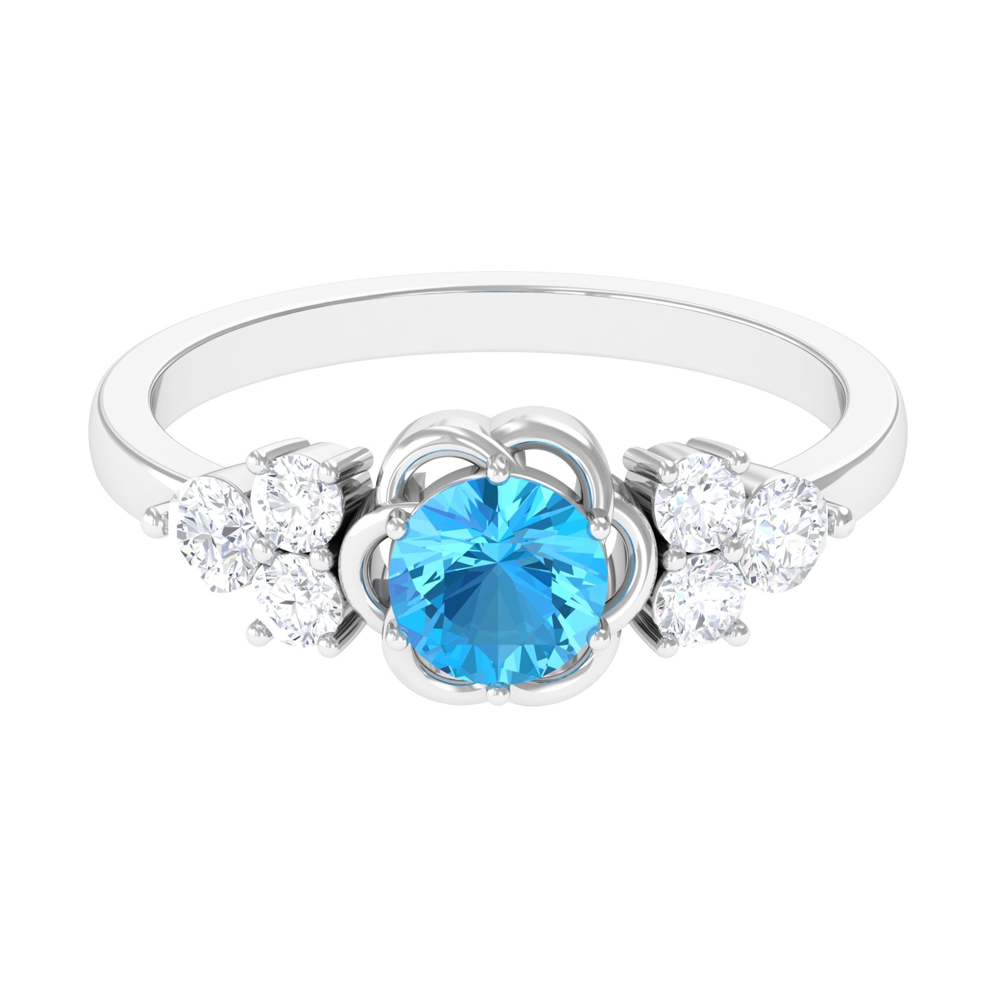 Round Shape Swiss Blue Topaz Floral Engagement Ring with Diamond Trio Swiss Blue Topaz - ( AAA ) - Quality - Rosec Jewels