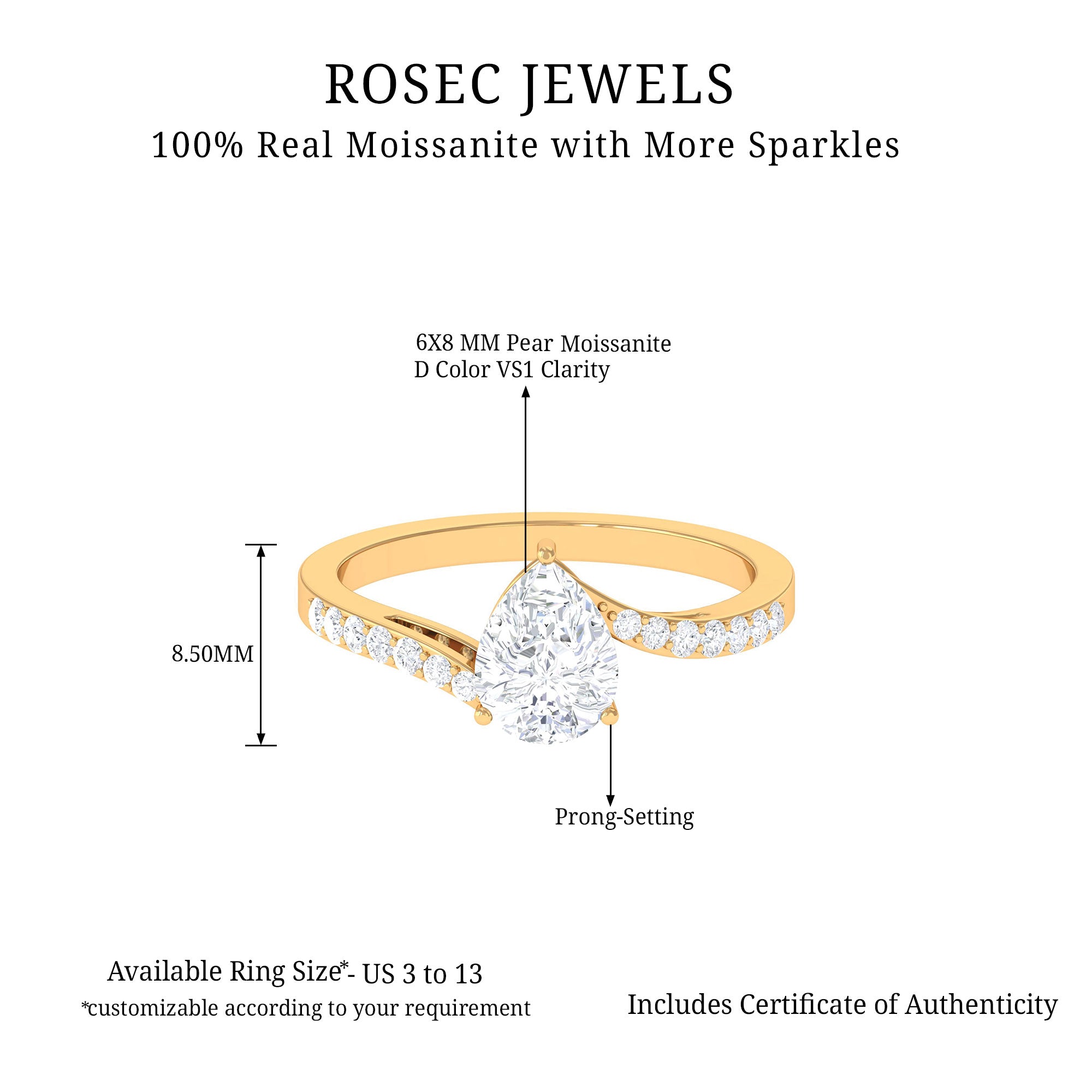 Pear Shape Moissanite Solitaire Bypass Engagement Ring Moissanite - ( D-VS1 ) - Color and Clarity - Rosec Jewels