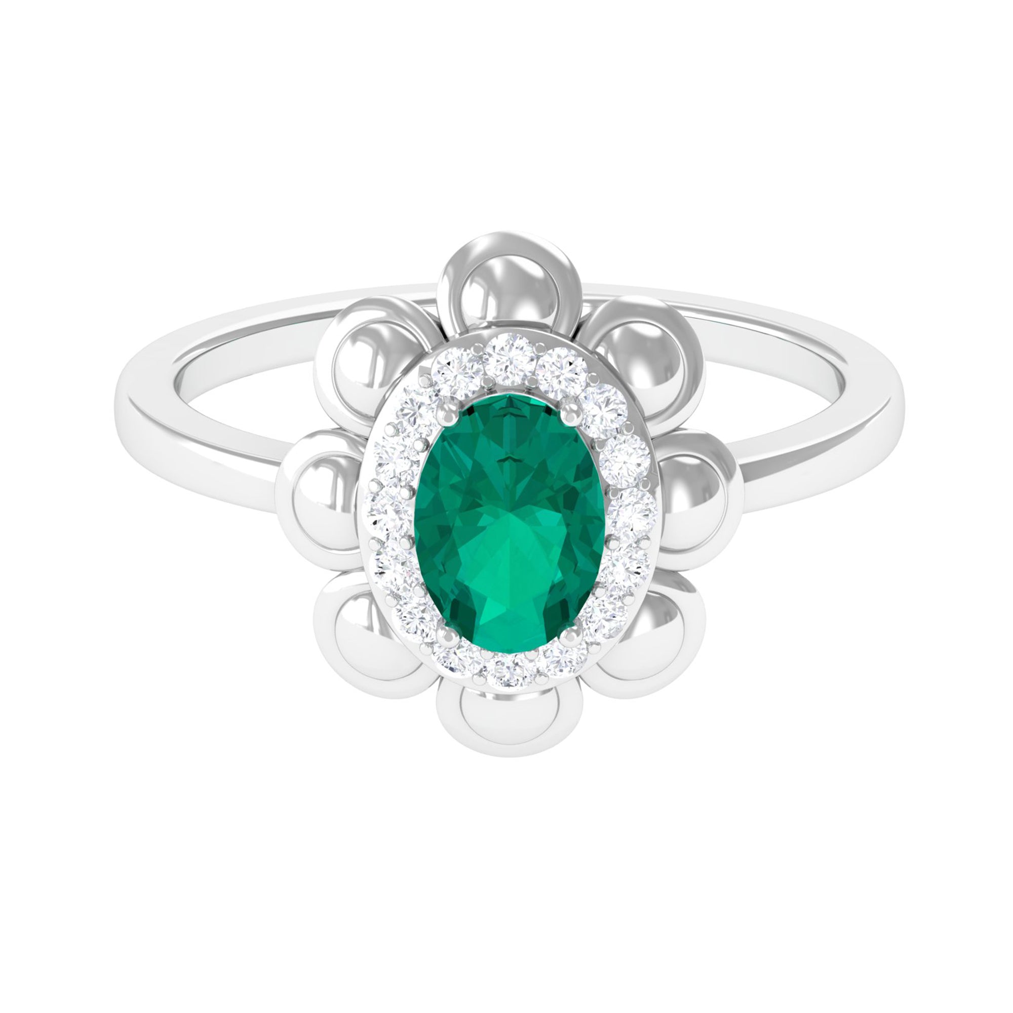 Oval Shape Emerald Flower Engagement Ring with Diamond Halo Emerald - ( AAA ) - Quality - Rosec Jewels