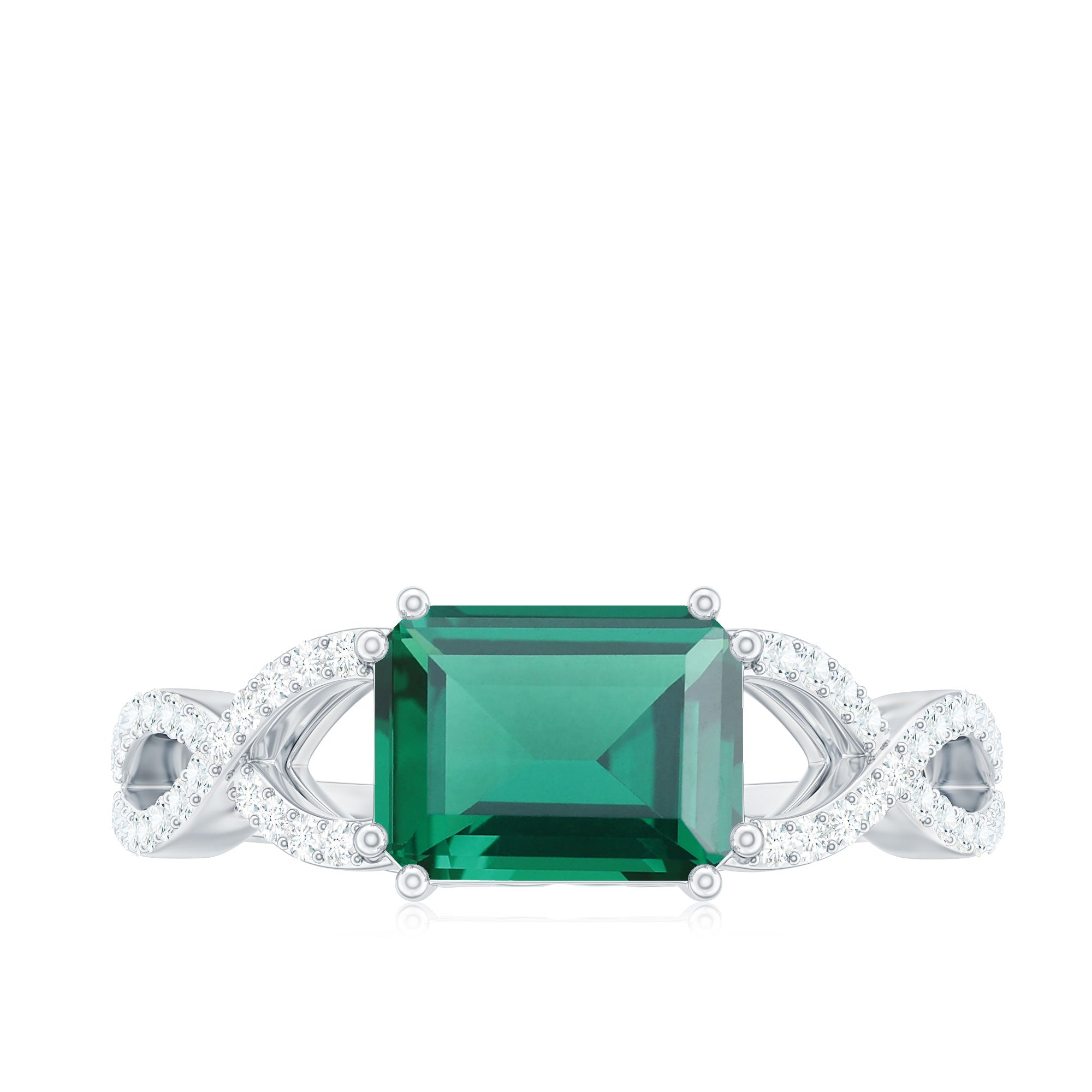 Octagon Created Emerald East-West Crossover Ring with Diamond Lab Created Emerald - ( AAAA ) - Quality - Rosec Jewels