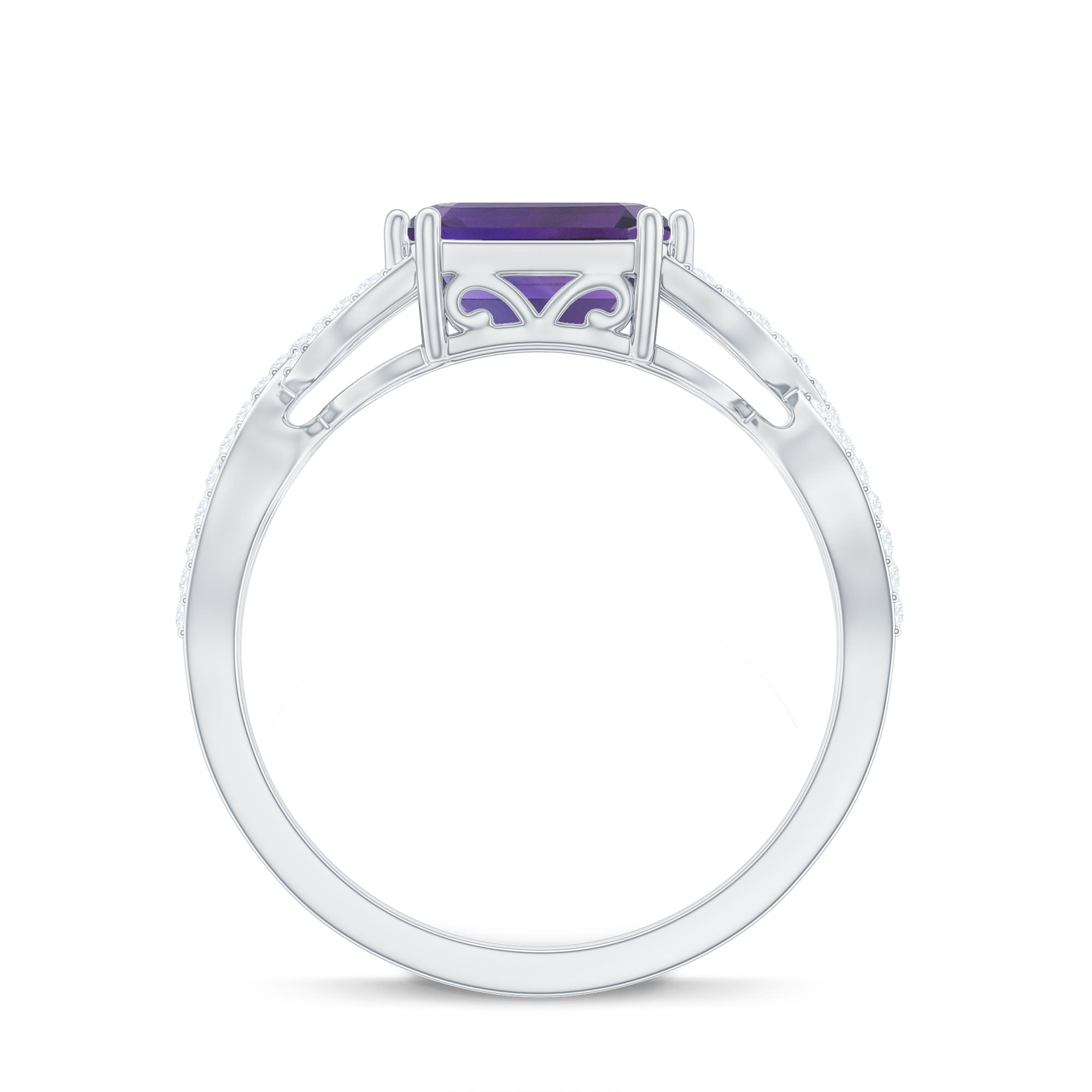 Emerald Cut Amethyst East West Crossover Ring with Diamond Amethyst - ( AAA ) - Quality - Rosec Jewels