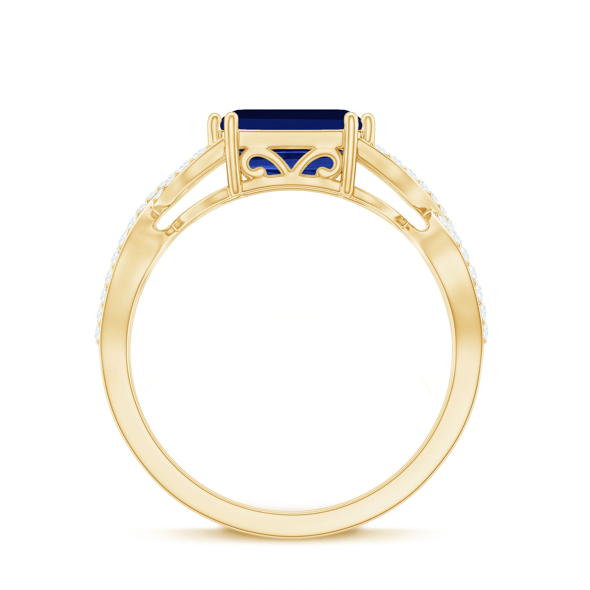 Octagon Created Blue Sapphire East-West Crossover Ring with Diamond Lab Created Blue Sapphire - ( AAAA ) - Quality - Rosec Jewels