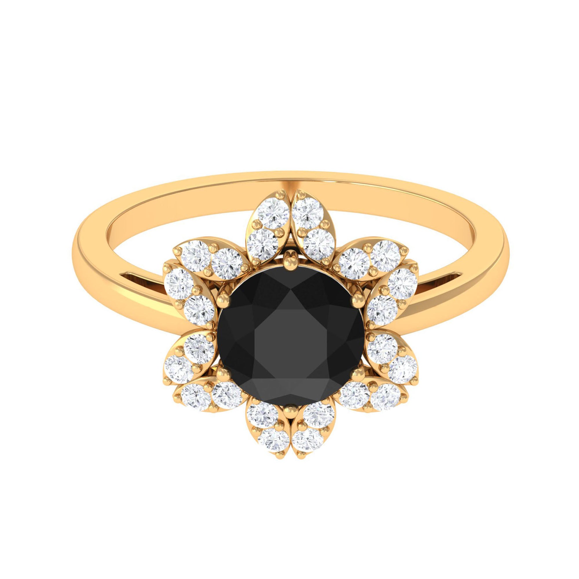 Round Black Onyx Flower Engagement Ring with Diamond Black Onyx - ( AAA ) - Quality - Rosec Jewels