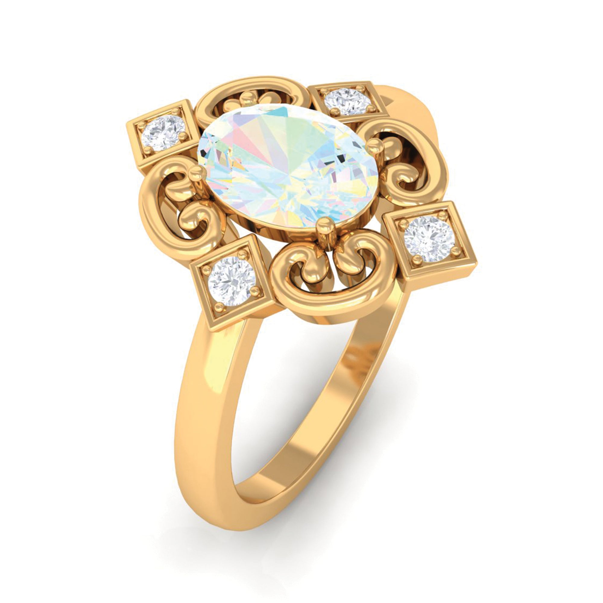 Solitaire Ethiopian Opal Art Deco Engagement Ring with Diamond Ethiopian Opal - ( AAA ) - Quality - Rosec Jewels