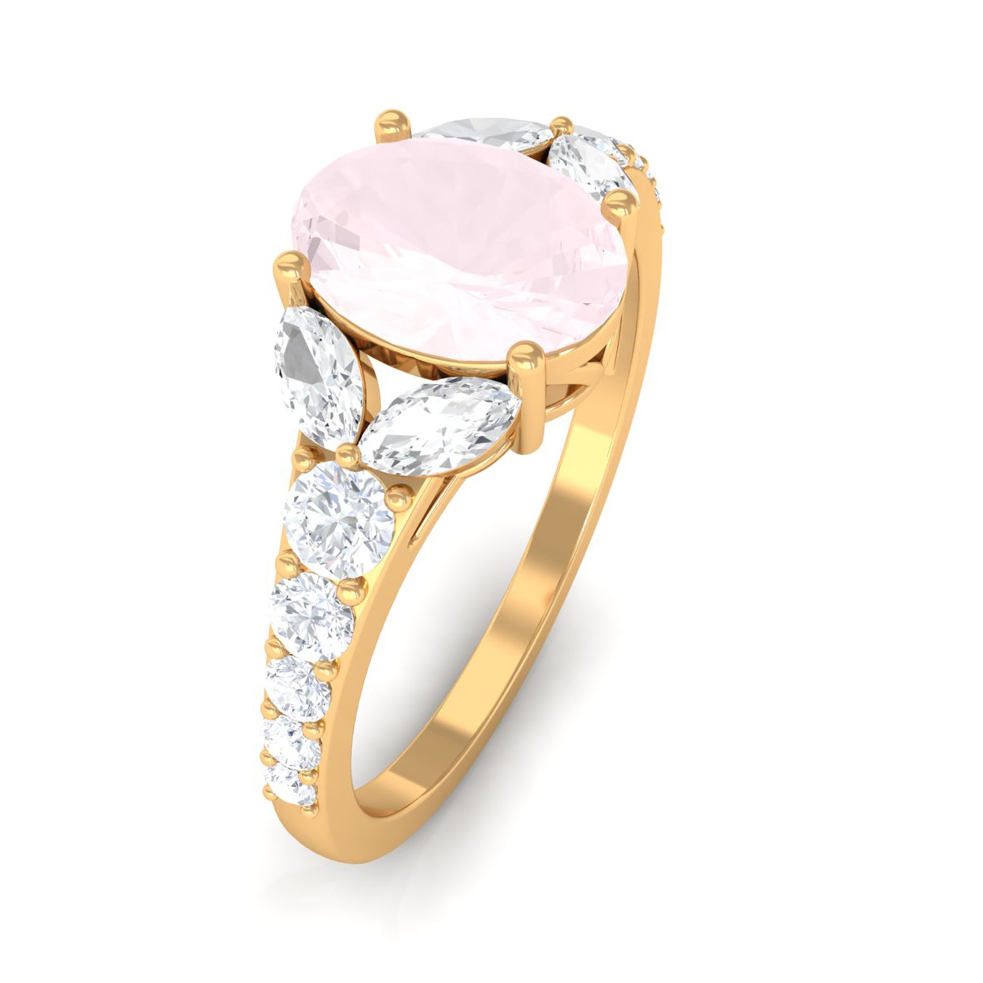 Split Shank Oval Rose Quartz Solitaire Engagement Ring with Moissanite Rose Quartz - ( AAA ) - Quality - Rosec Jewels